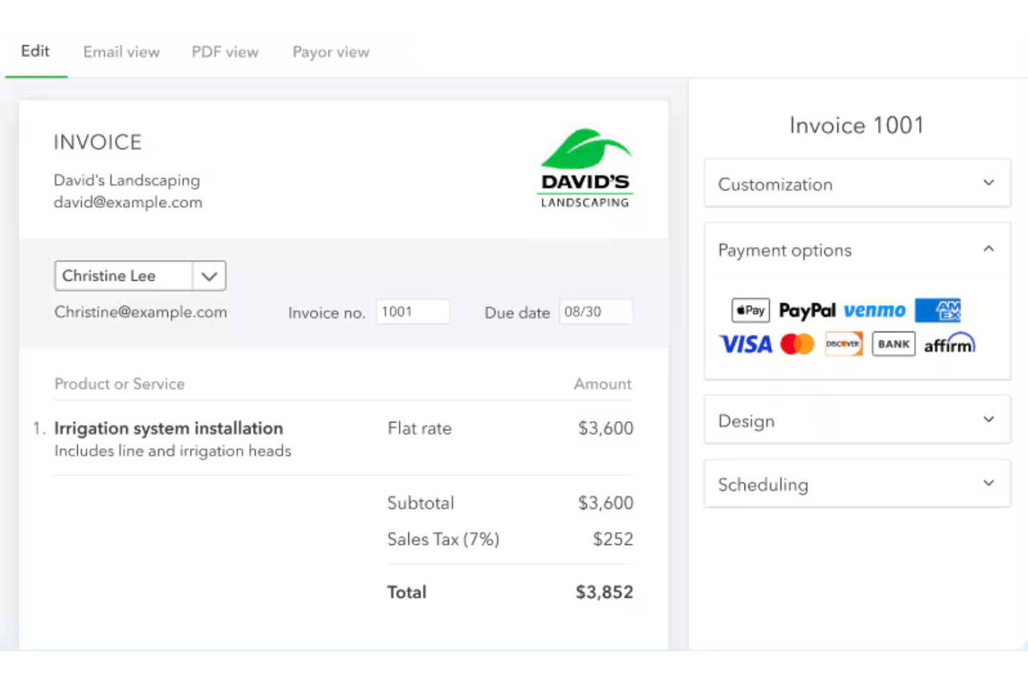 Edytor faktur QuickBooks Online pokazujący rachunek za usługi ogrodnicze na łączną kwotę $3,852.