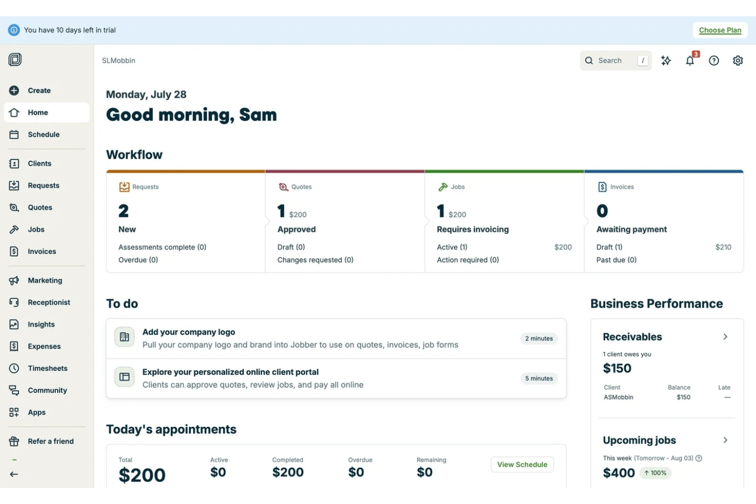 Jobber-Dashboard mit Arbeitsabläufen, Rechnungen, Terminen und Kennzahlen zur Geschäftsleistung.
