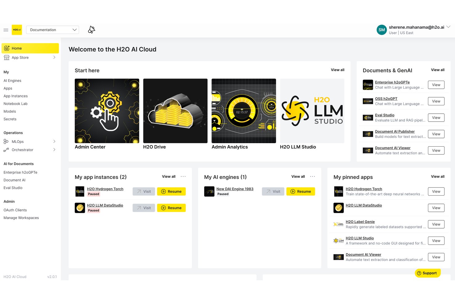 H2O AI Cloud homepage with navigation, app instances, AI engines, and pinned apps.