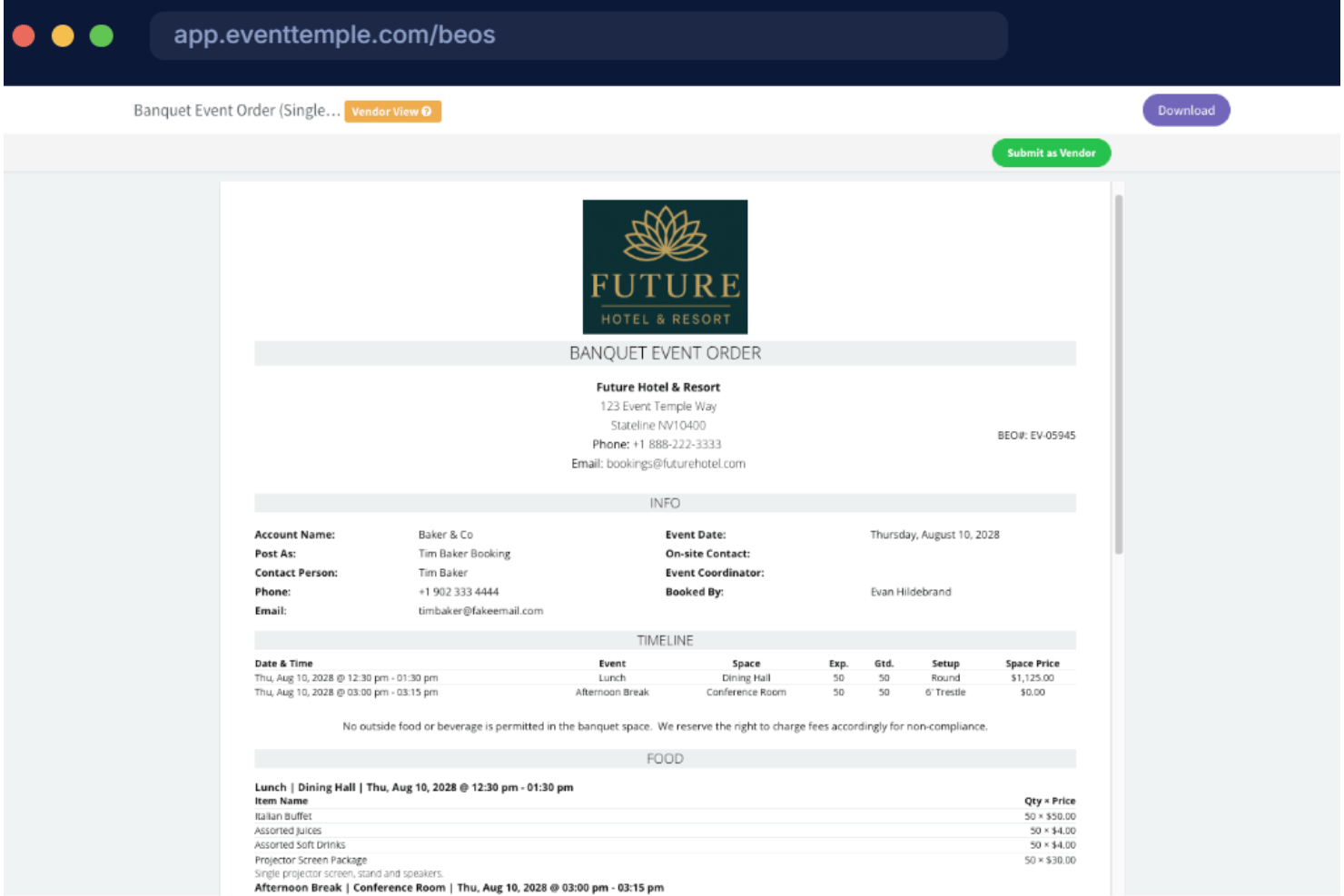 Dokument med bankettorder för Future Hotel and Resort som visas i en webbläsare.