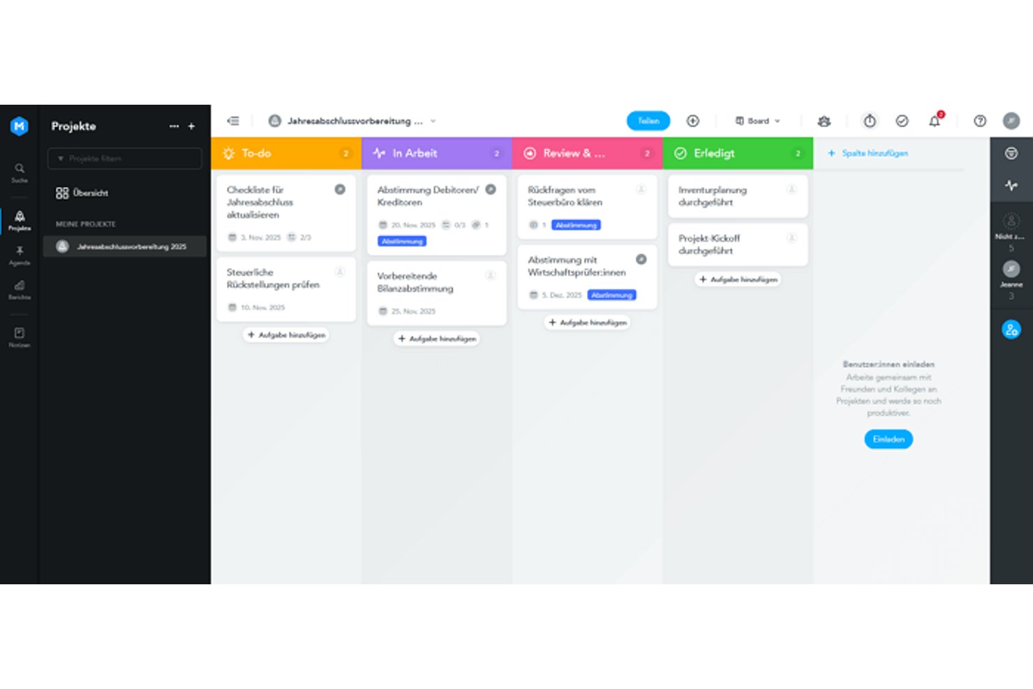 Stackfield Kanban board with four columns showing project tasks in German.