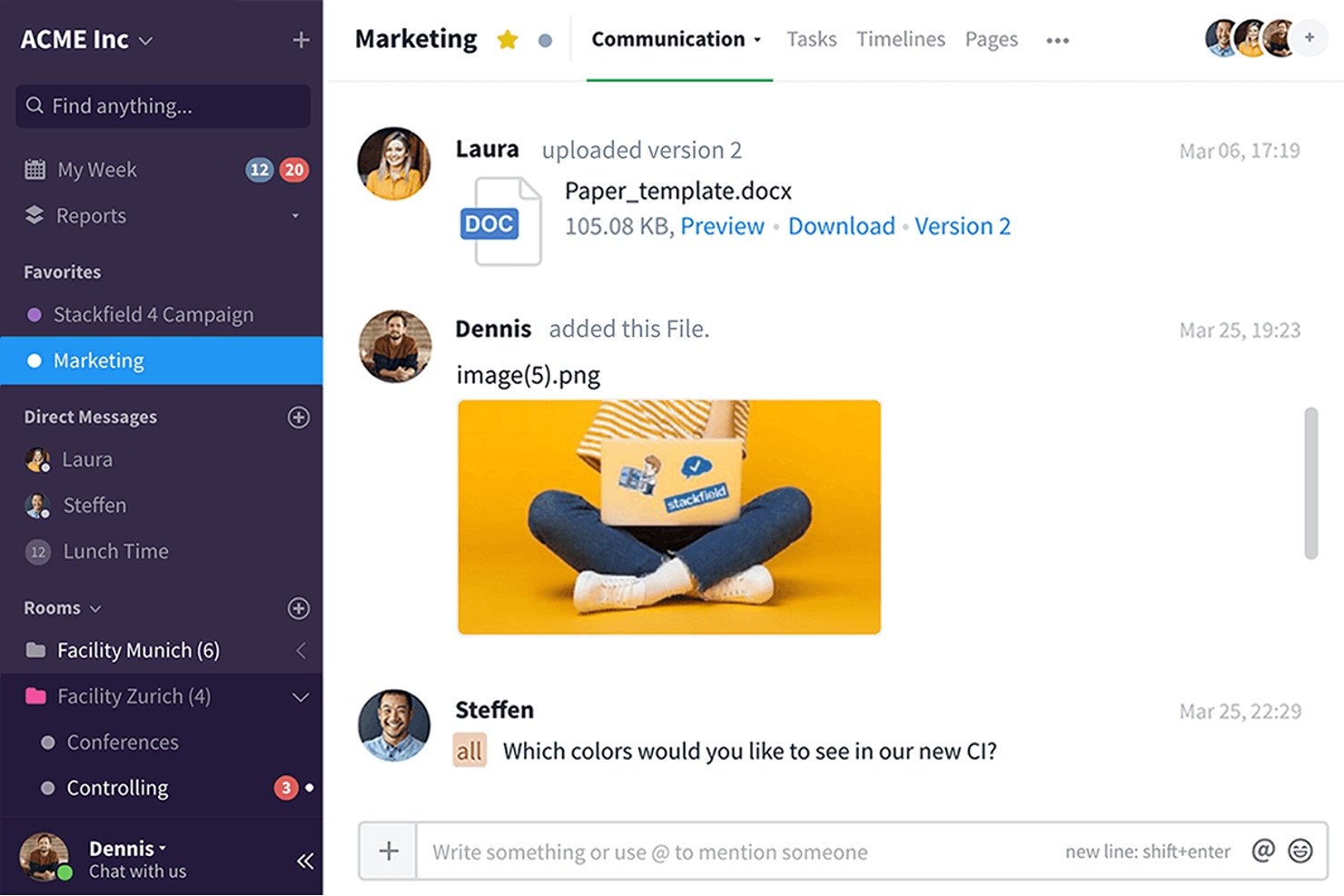 Stackfield marketing team chat with file uploads and a message input field.