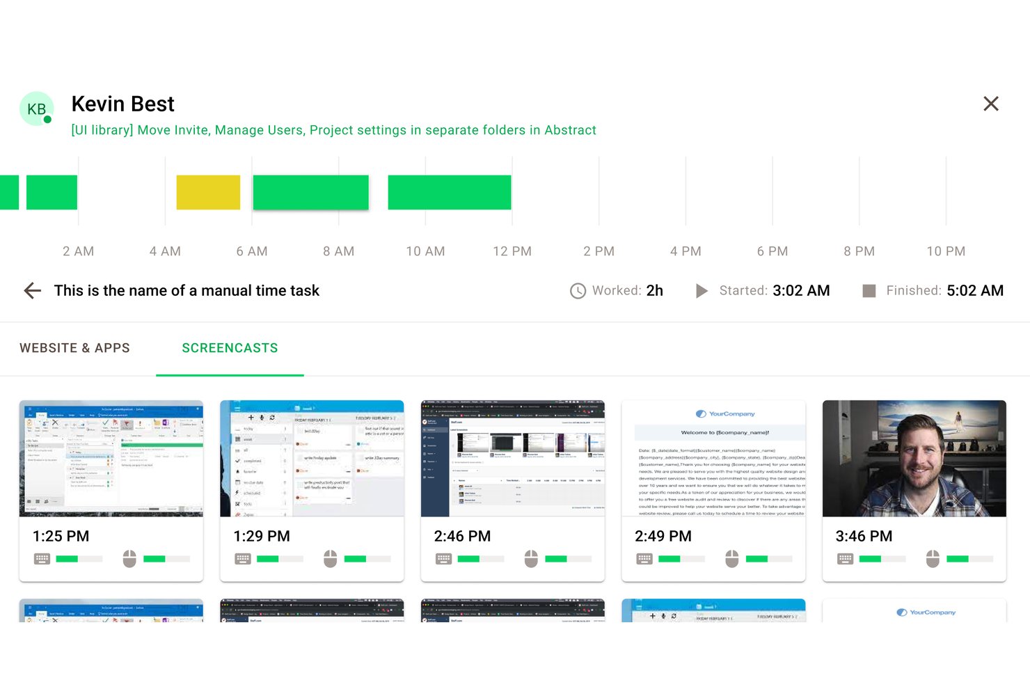 Panneau de captures vidéo de Time Doctor affichant les captures d’écran des employés avec les horodatages et les indicateurs d’activité.