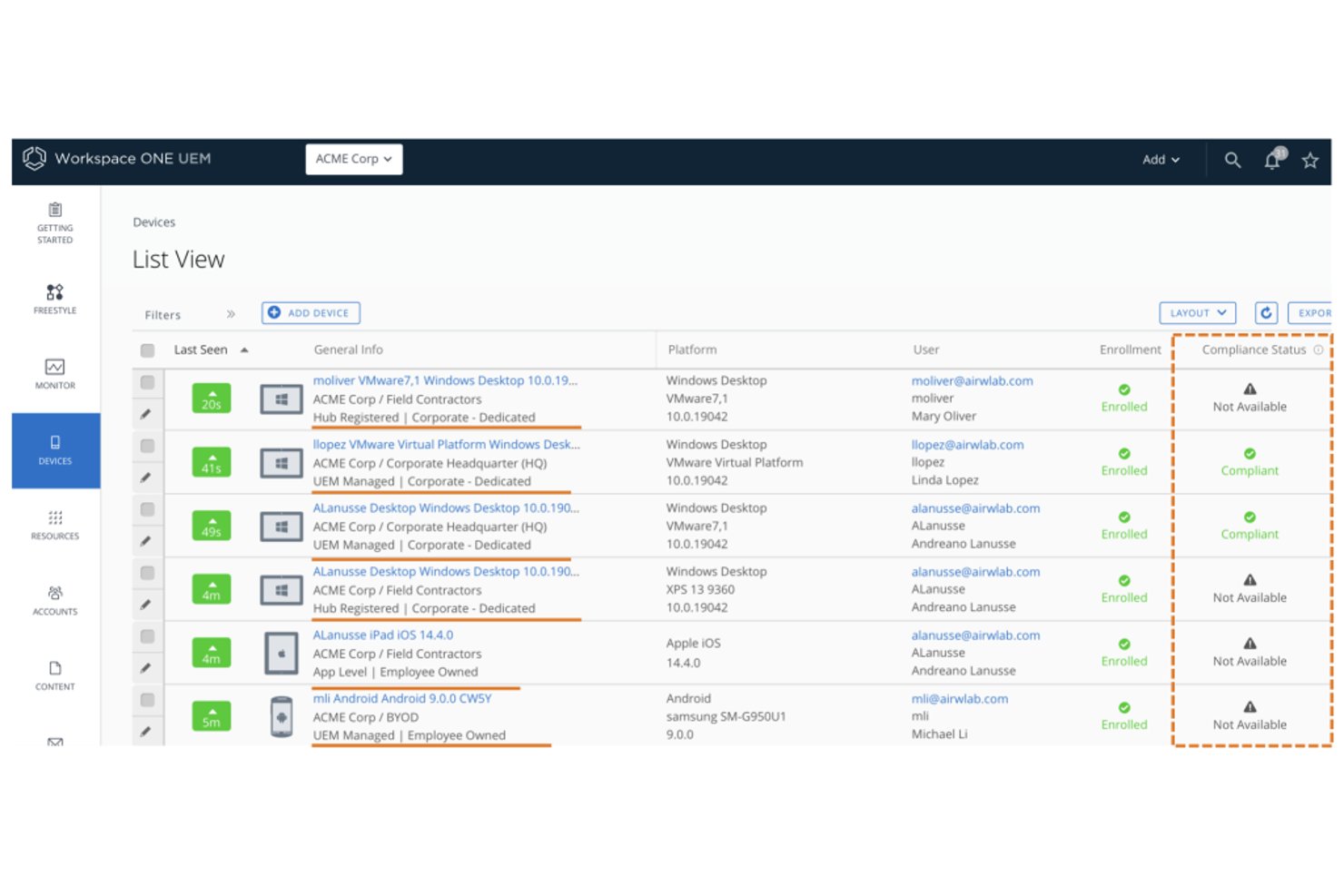 Vue de la liste des appareils Workspace ONE UEM affichant l’état de conformité de six appareils inscrits.