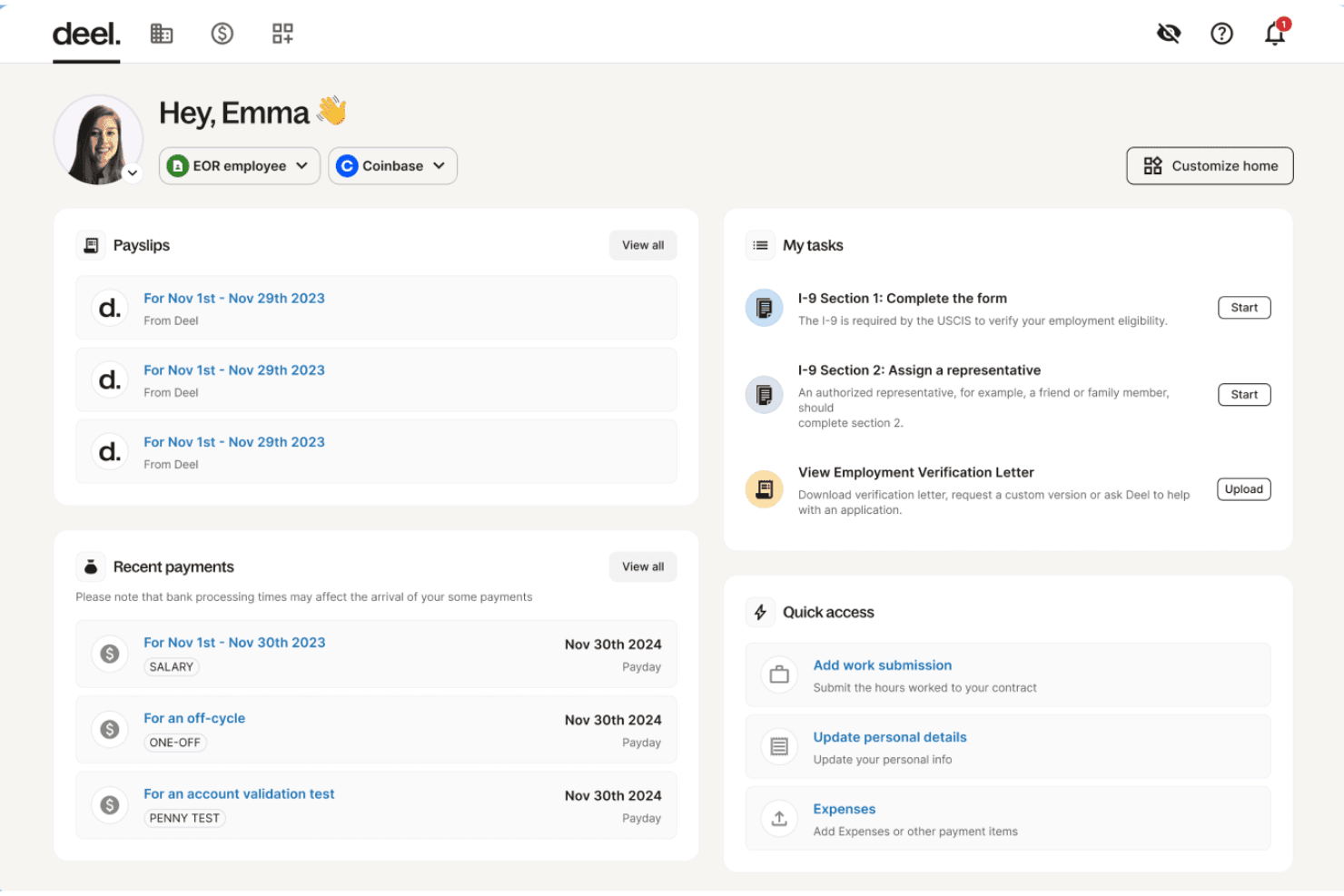 Tableau de bord des employés de Deel affichant les bulletins de paie, les paiements récents et les tâches d'intégration.