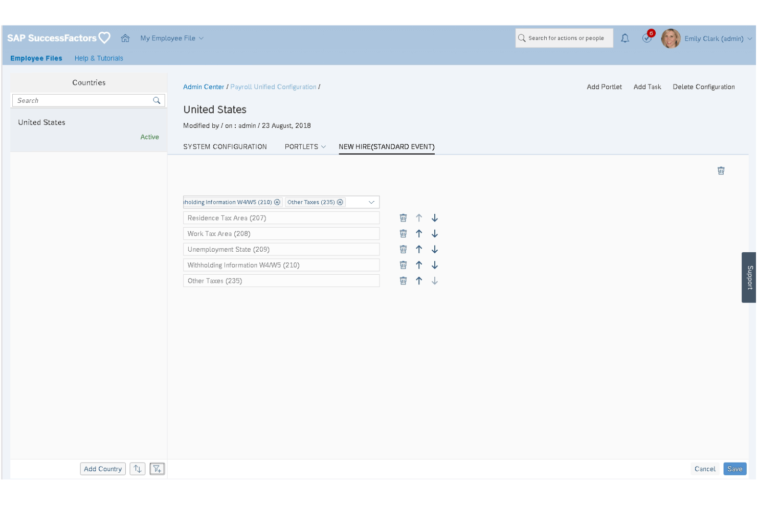Configuration unifiée de la paie SAP SuccessFactors affichant les champs fiscaux des nouvelles recrues aux États-Unis.