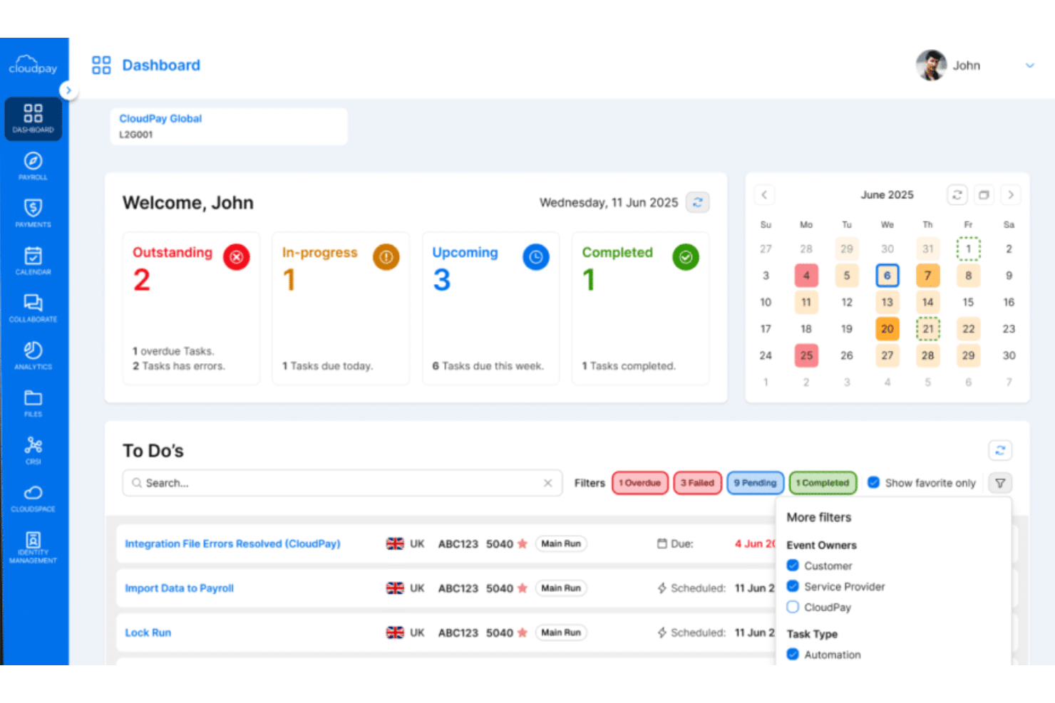Tableau de bord de CloudPay affichant les statuts des tâches, le calendrier et les filtres de tâches à faire pour juin 2025.