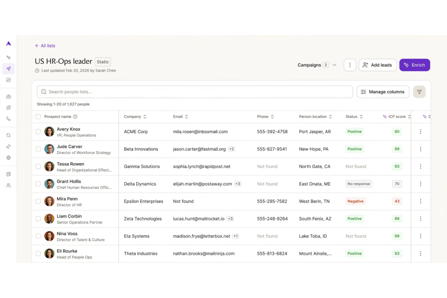 Liste CRM de prospects RH affichant les noms, les entreprises, les adresses e-mail et les scores ICP.