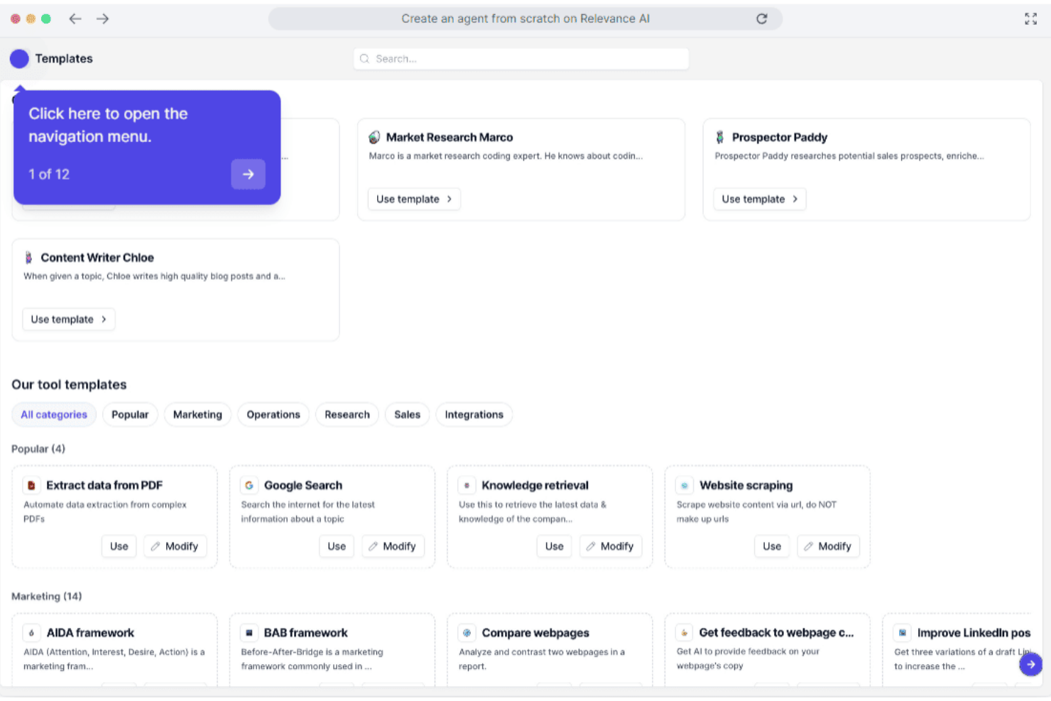 Page des modèles de Relevance AI présentant des options de modèles d’agents et d’outils.