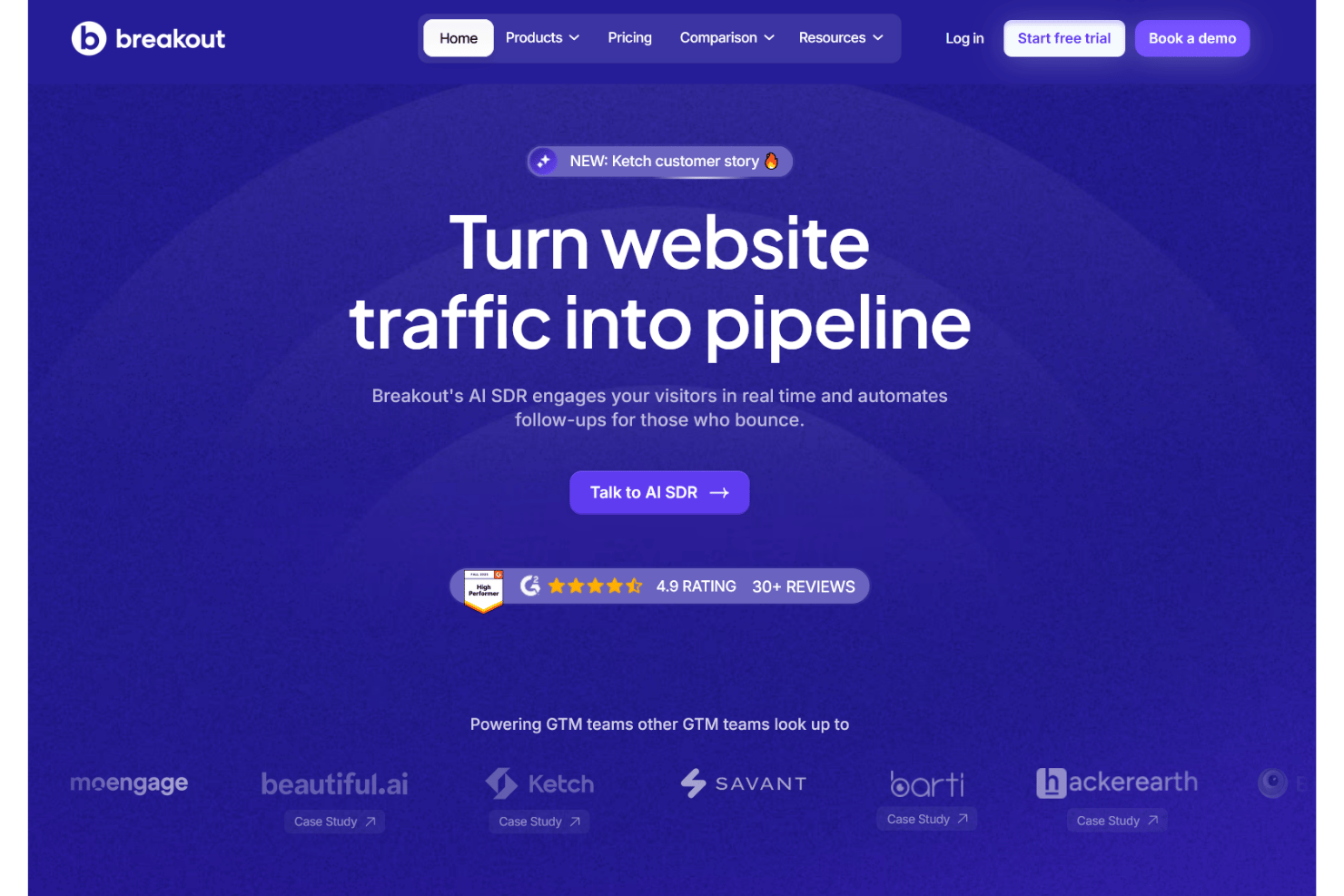 Page d’accueil de Breakout présentant un outil de SDR IA destiné à convertir le trafic d’un site web en pipeline.