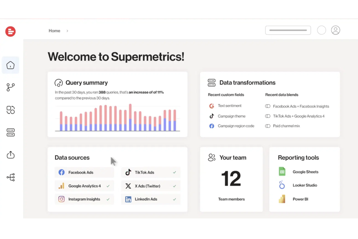 Supermetrics dashboard showing query summary, data sources, team size, and reporting tools.