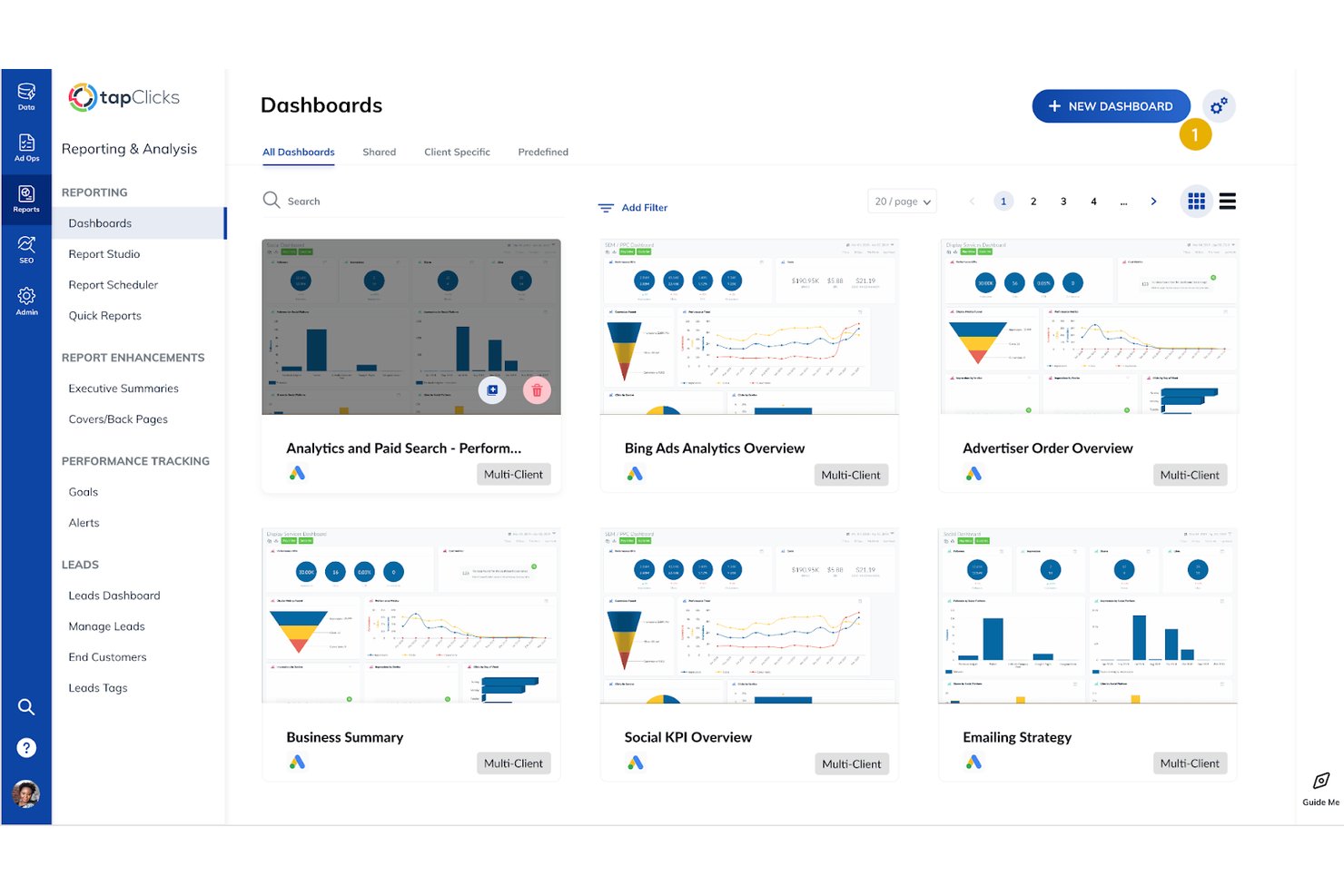 TapClicks dashboard library showing six multi-client marketing dashboards in grid view.