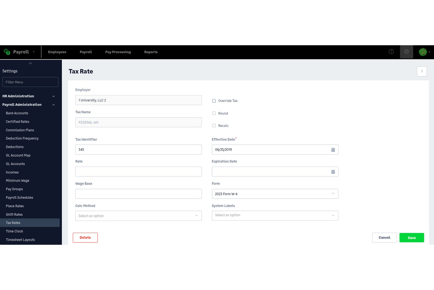 Formulaire des paramètres des taux fiscaux de Sage Intacct Payroll avec champs de retenue fédérale.