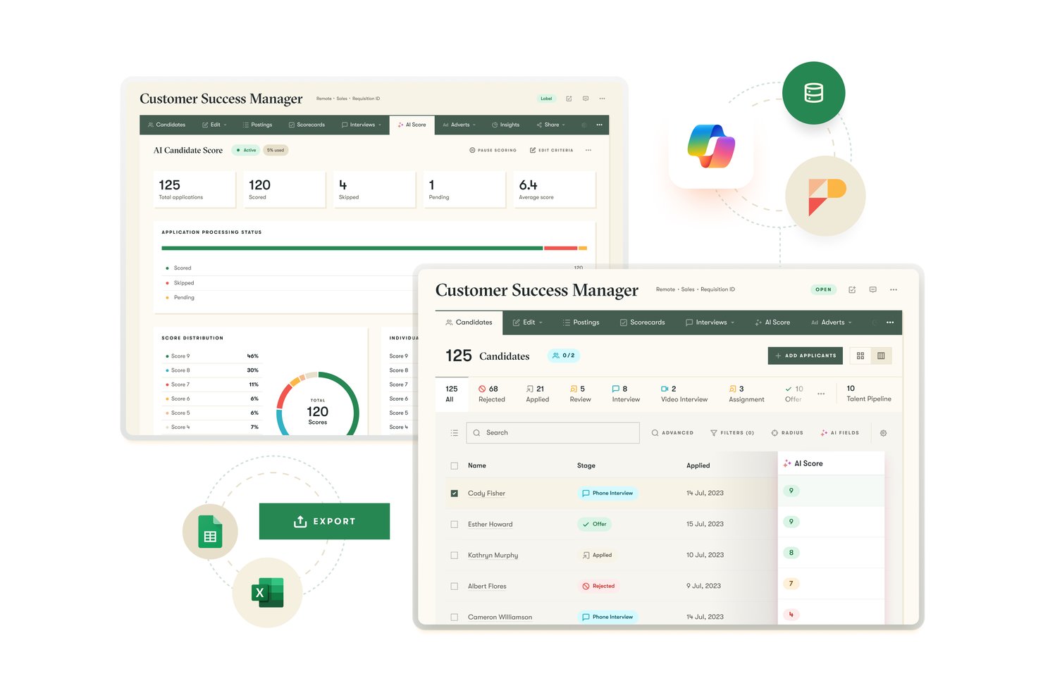 Pinpoint AI candidate scoring dashboard showing 125 applications with score distribution and candidate list.