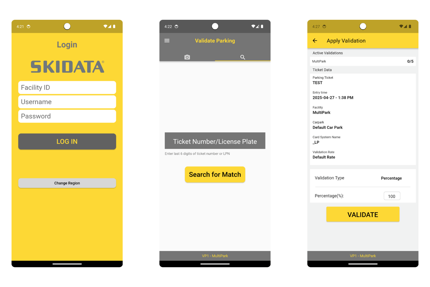 SKIDATA-mobilapp som visar skärmar för inloggning, biljettsökning och parkeringsvalidering.