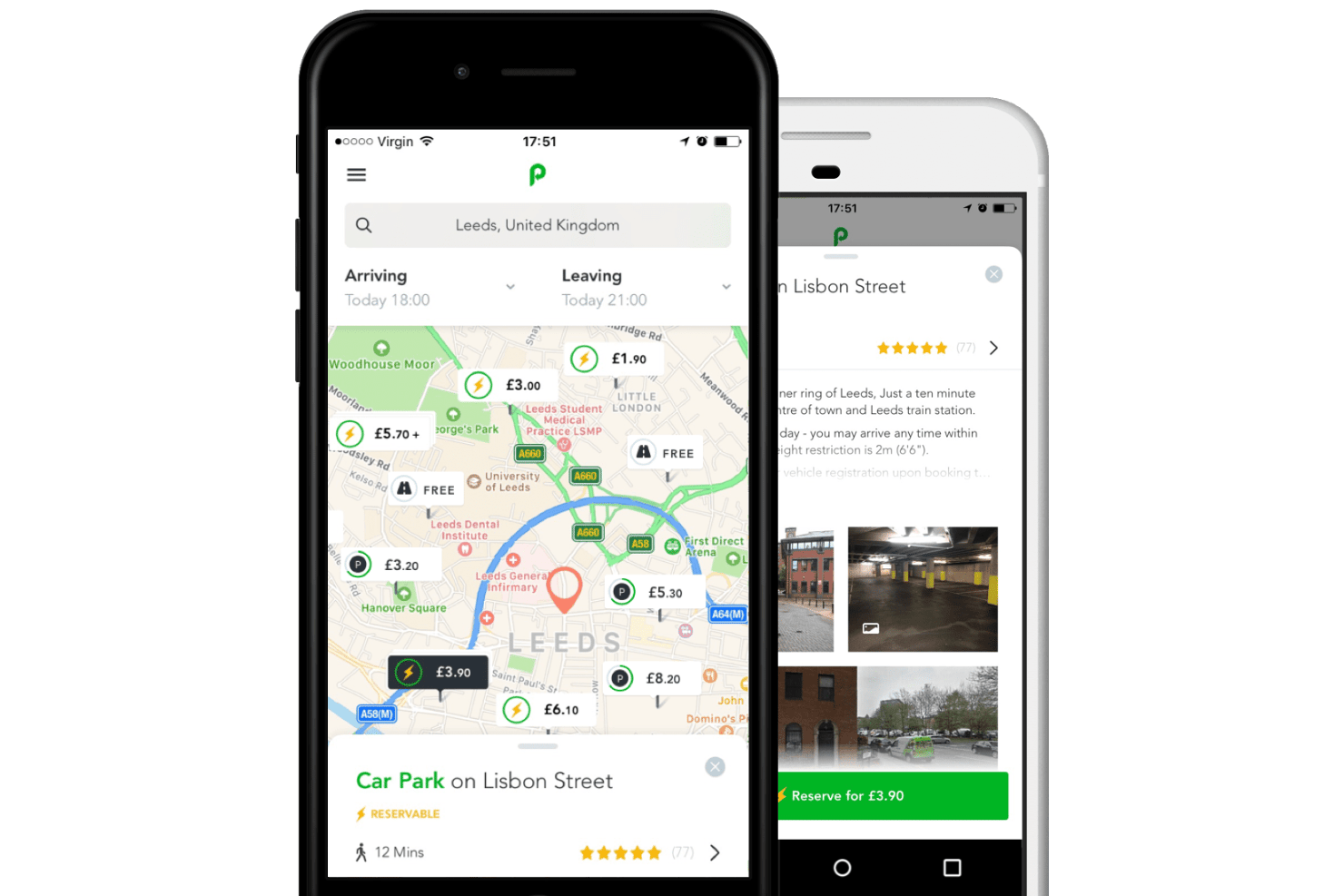 Två smarttelefoner som visar JustPark-appen med en parkeringskarta och bokningsskärm i Leeds.