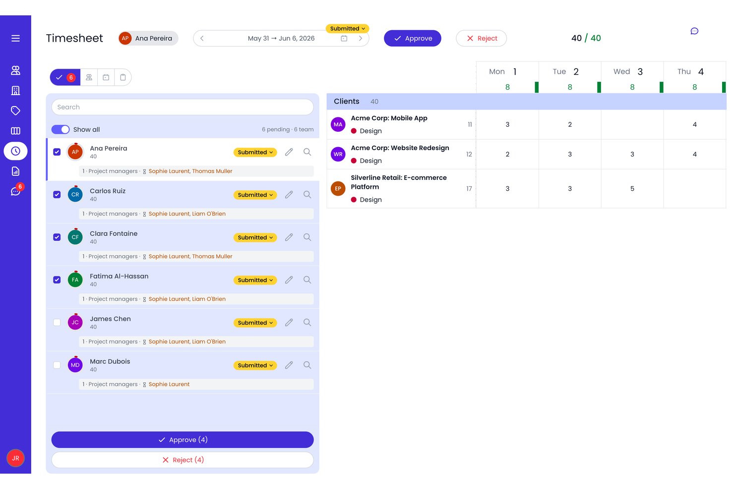 Interface d’approbation des feuilles de temps de Beebole affichant les soumissions de l’équipe et le détail des heures par client.