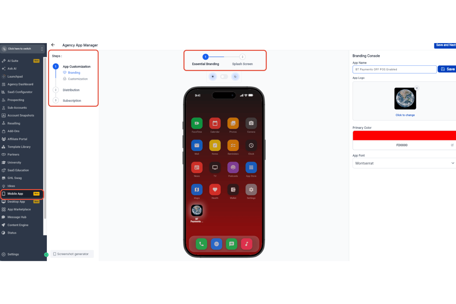 Administrador de aplicaciones de agencia de HighLevel que muestra la consola de personalización de marca de la aplicación móvil con ajustes de color y logotipo.
