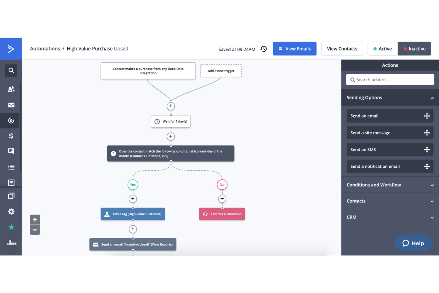 Flujo de trabajo de automatización de ActiveCampaign para la venta adicional tras una compra de alto valor con ramificación condicional.