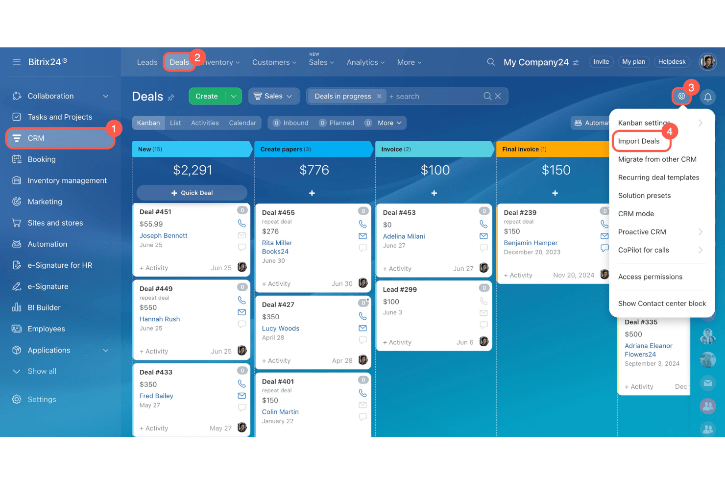 Panel kanban de oportunidades de Bitrix24 CRM con la opción de menú Importar oportunidades resaltada.