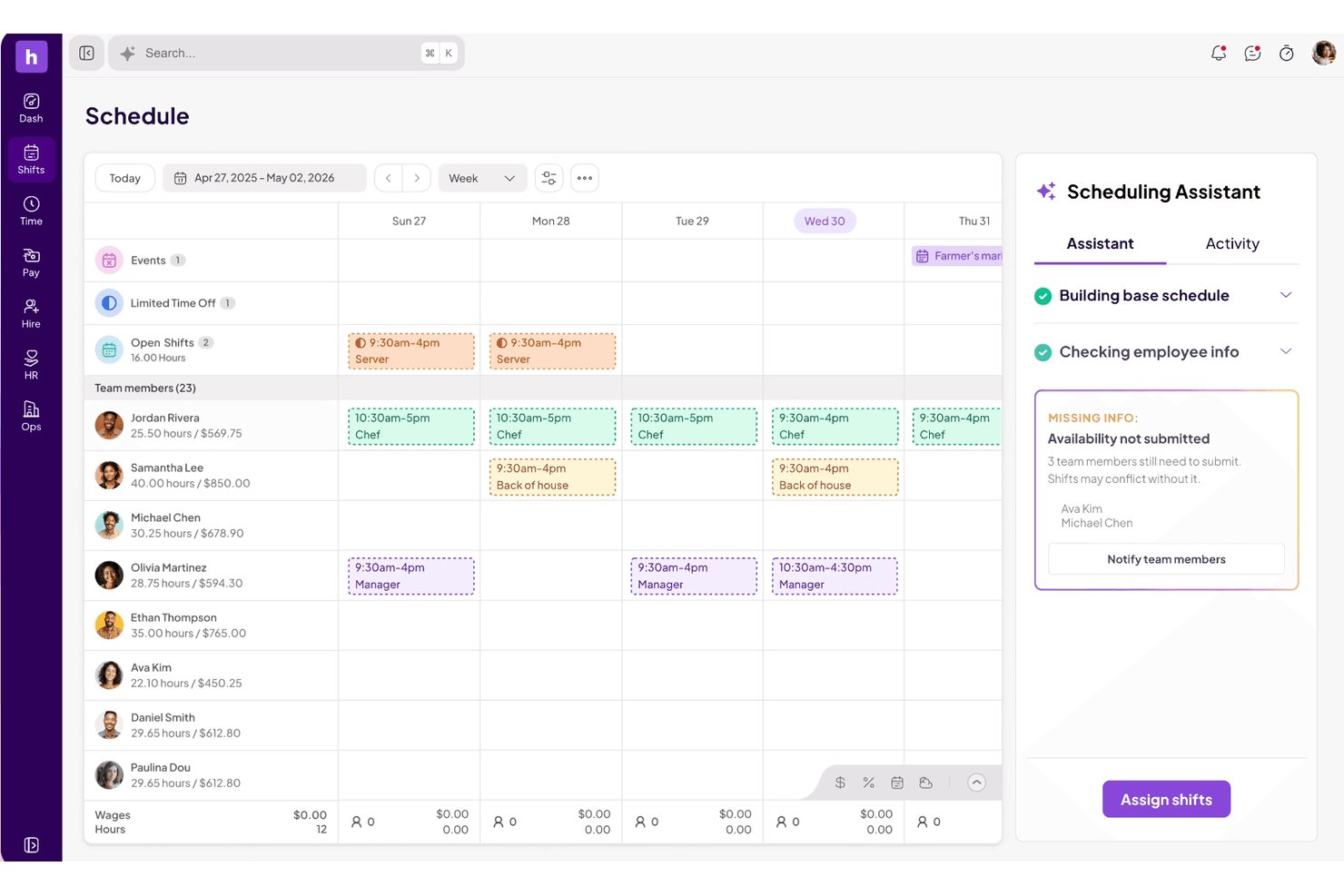 Homebase scheduling interface with AI assistant flagging missing employee availability.