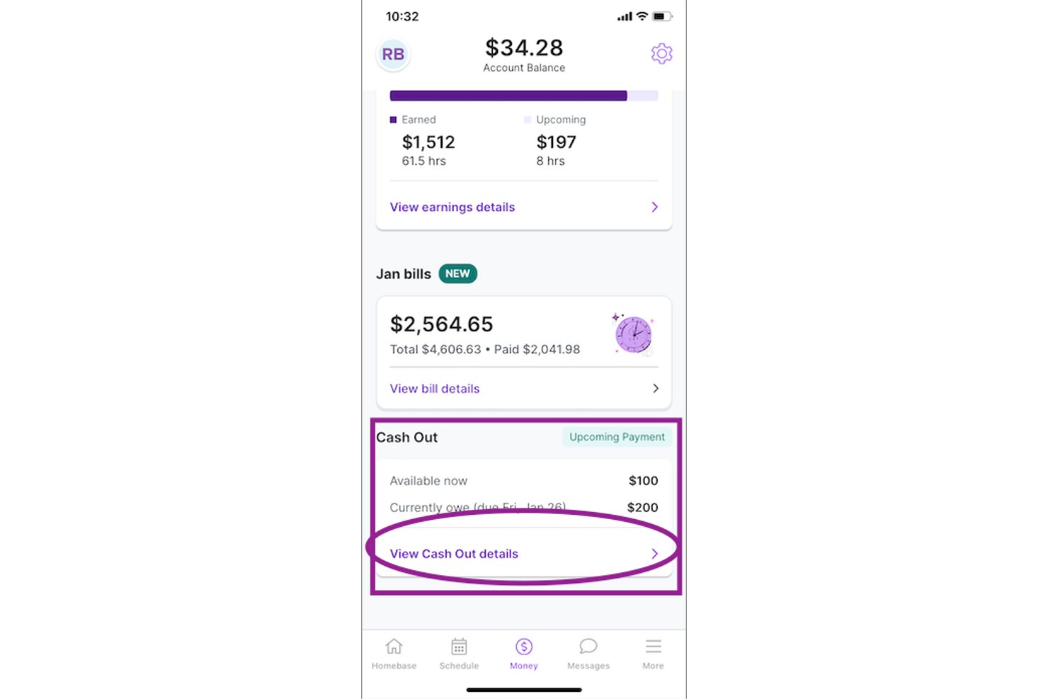 Homebase app showing account balance, earnings, bills, and cash out section.