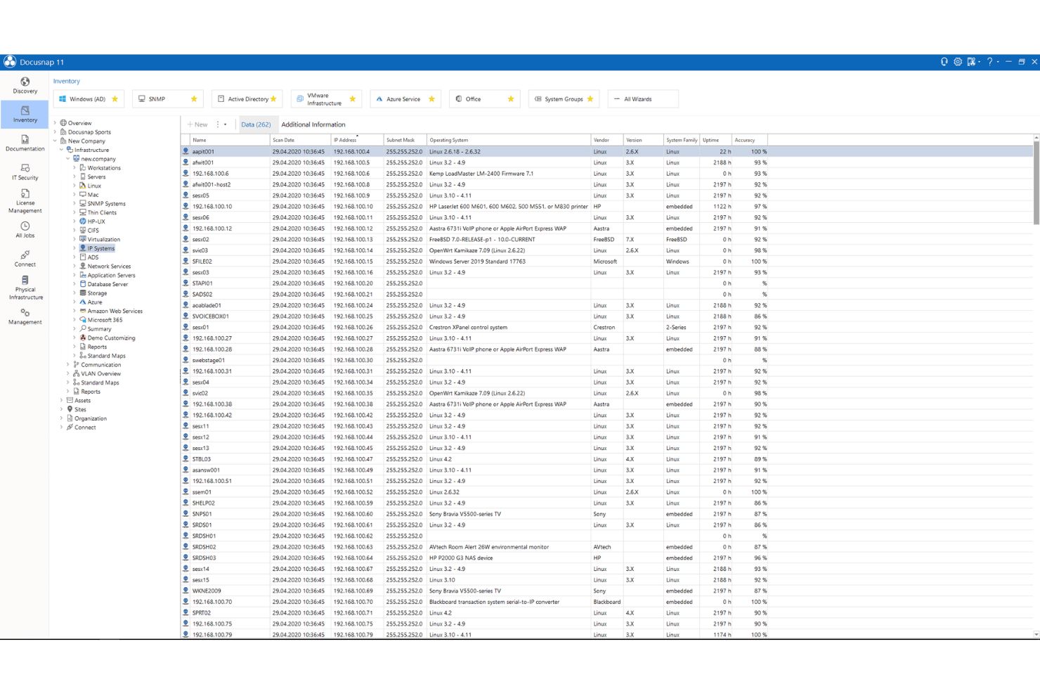 Docusnap-Inventarliste mit SNMP-Geräten, IP-Adressen und Betriebssystemdetails.