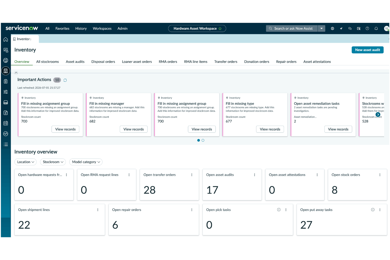 Übersichts-Dashboard des ServiceNow-Arbeitsbereichs für Hardware-Assets mit Aktionskarten und Kennzahlen.