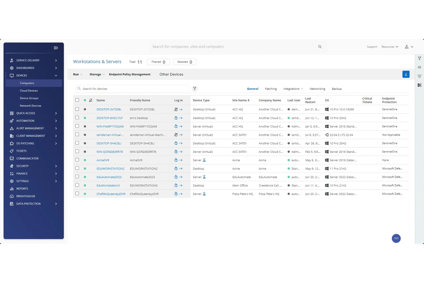 Liste der ConnectWise-RMM-Arbeitsstationen und -Server mit 11 Geräten sowie Details zu Betriebssystemen und Endpunktschutz.