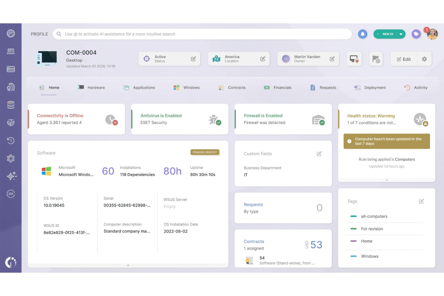 Dashboard für das Asset-Management mit Gerätestatus, Softwareinformationen und Zustandswarnungen.