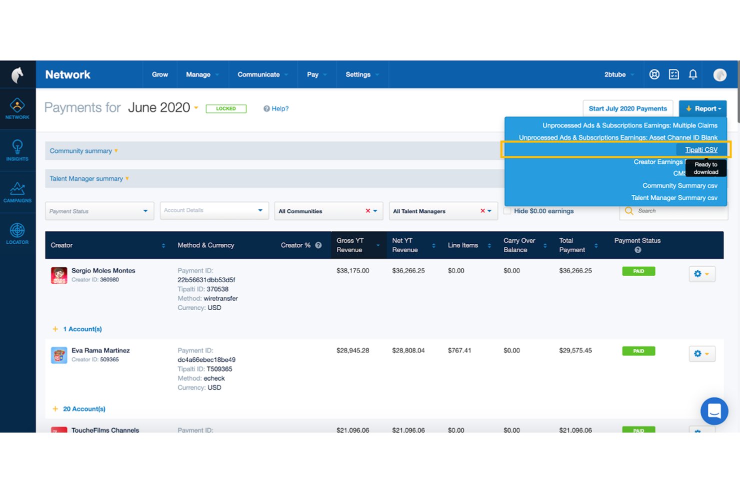 Tipalti payments dashboard showing June 2020 report dropdown with Tipalti CSV download option highlighted.