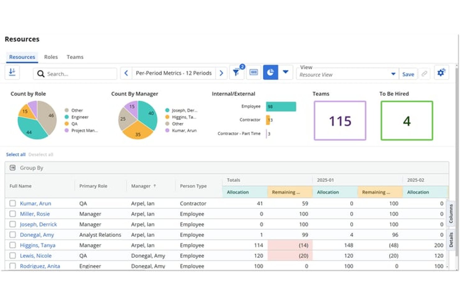 Broadcom Clarity resources dashboard showing role counts, team metrics, and allocation table.