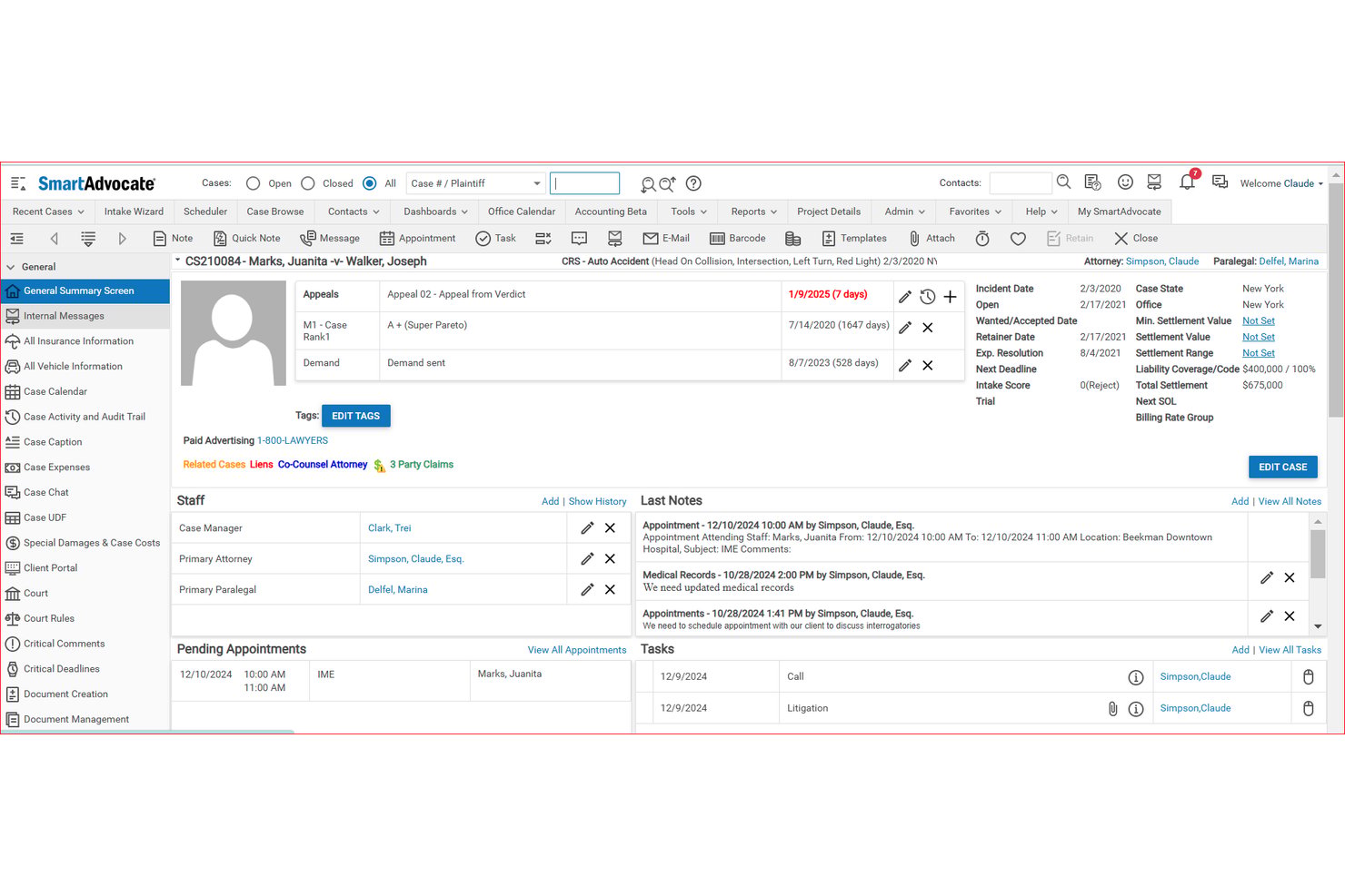 SmartAdvocate case summary screen showing client case details, staff, notes, and tasks.