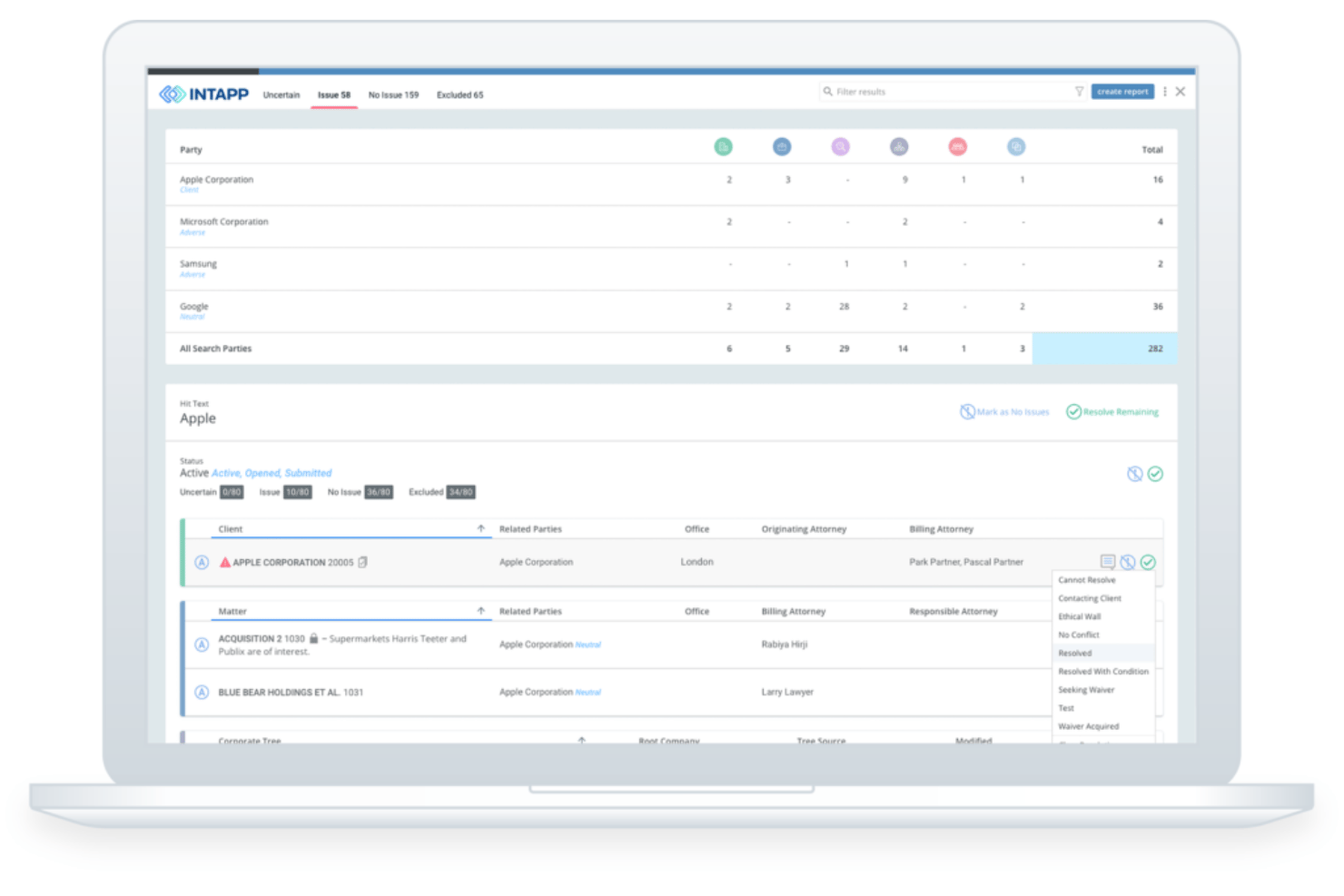 Intapp Conflicts applies AI to run conflict checks, triage potential matches, and manage client and matter data for new business intake.
