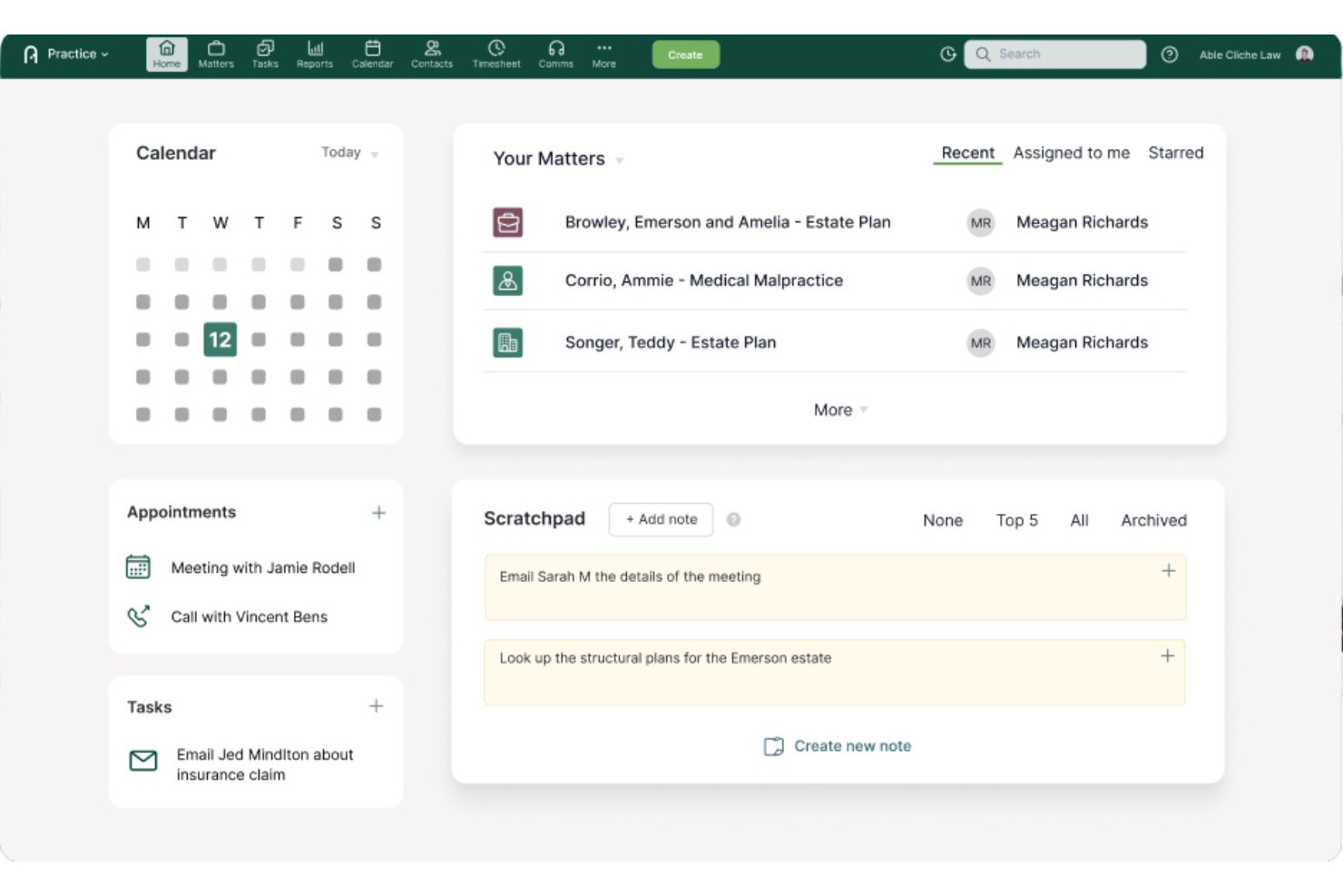 Actionstep centralizes matter management, task tracking, client notes, and case activity.