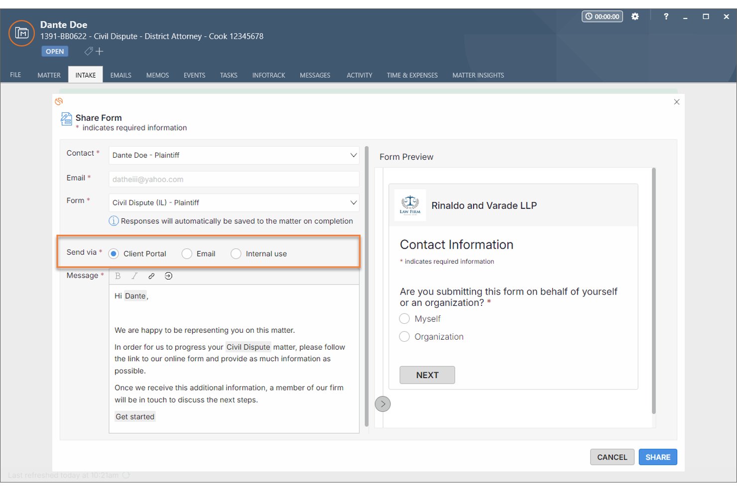 Smokeball Share Form dialog with Client Portal send option selected and form preview.