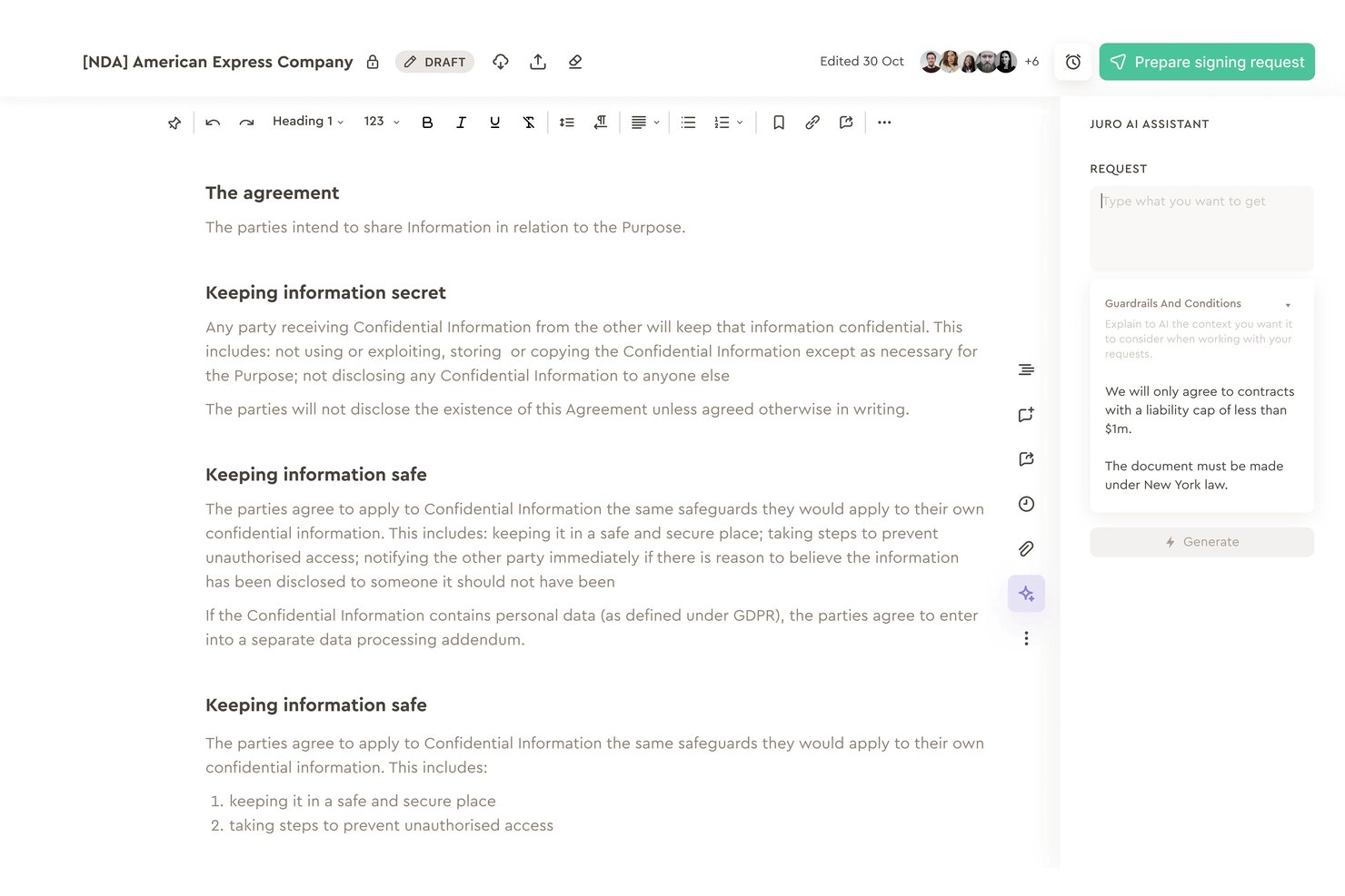 Juro AI assistant panel with guardrails applied to an NDA draft document.