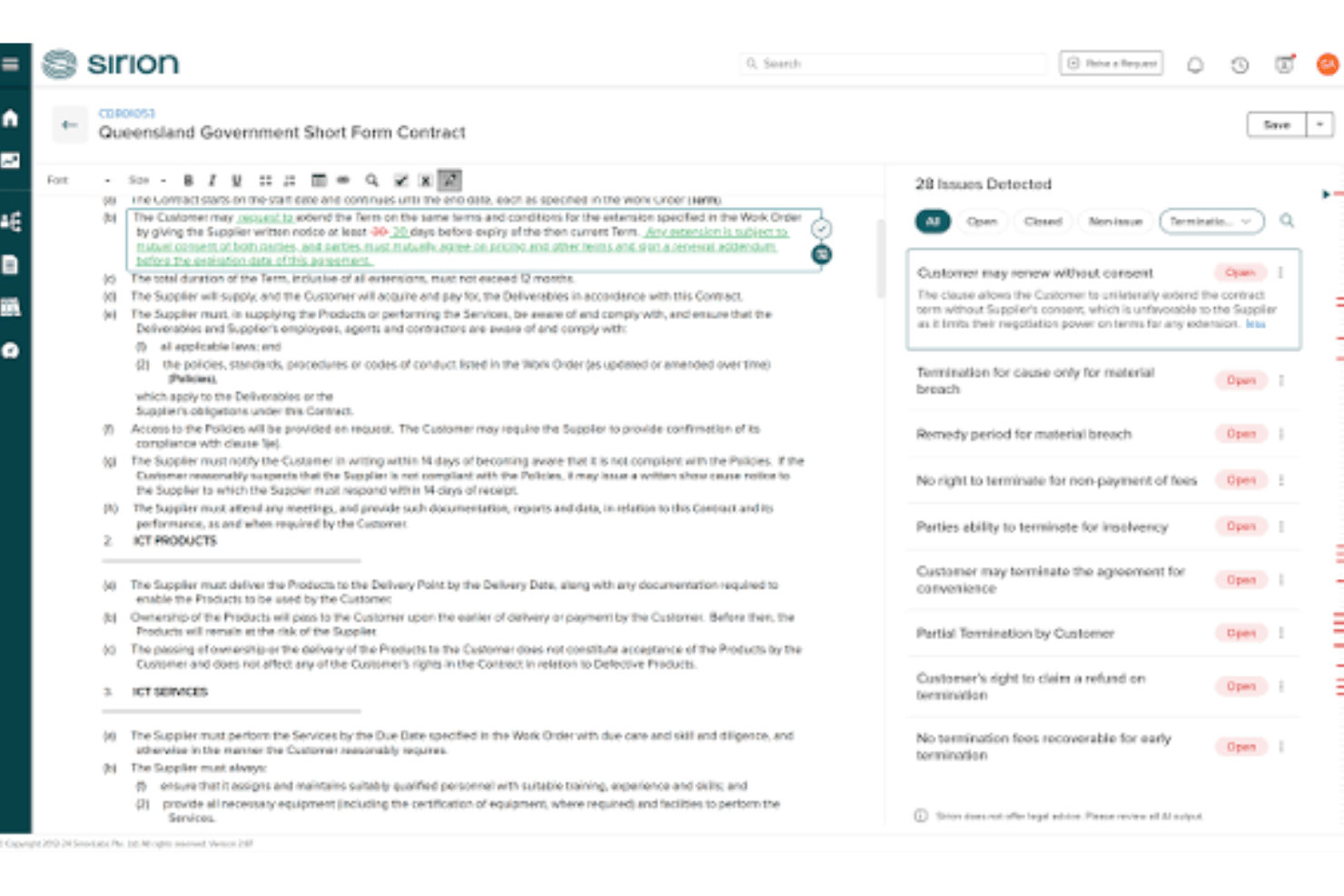 Sirion extrait les clauses, signale les risques contractuels, génère des révisions et recherche les portefeuilles de contrats grâce à l’IA.