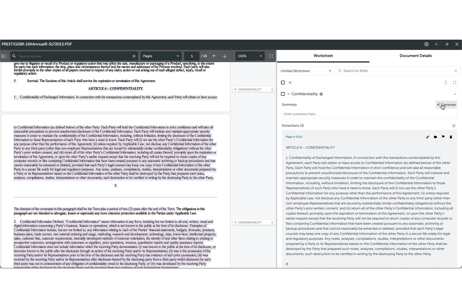 Visionneuse PDF de Kira affichant l’extraction d’une clause de confidentialité et le panneau de la feuille de synthèse.