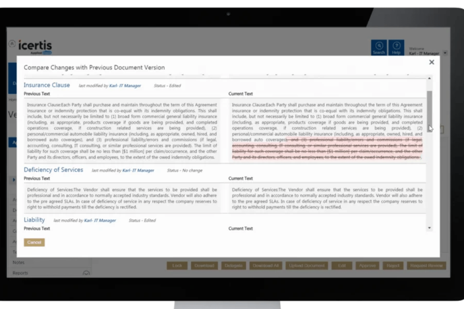 Icertis applique l’IA pour extraire les clauses, signaler les risques, faciliter la révision avec marques de modification et rechercher dans les portefeuilles de contrats.
