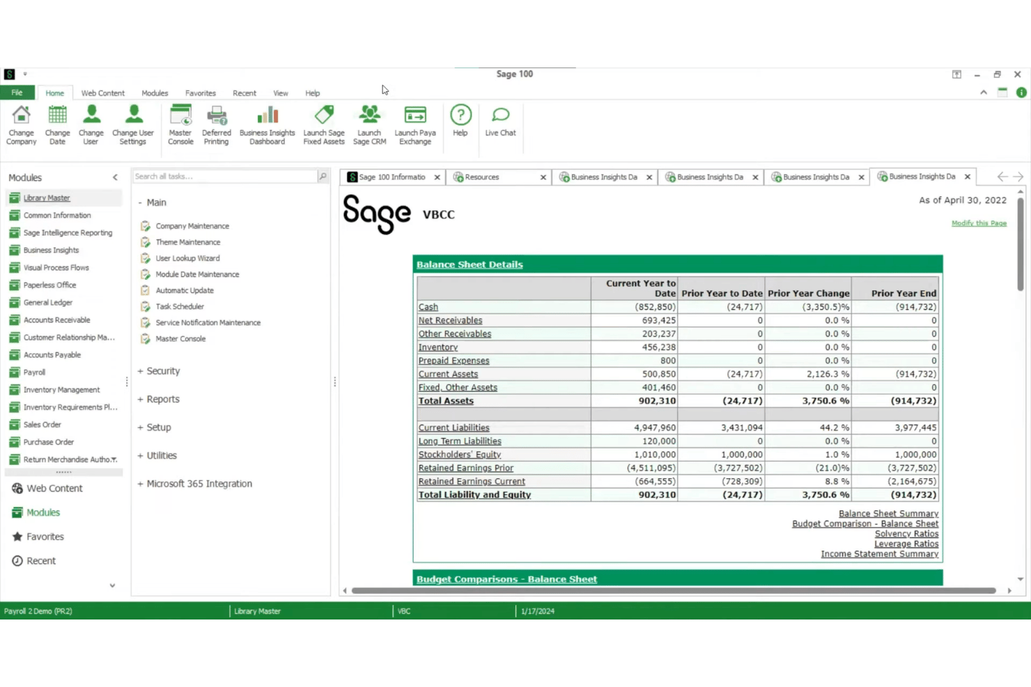 Dettagli del bilancio di Sage 100 con indicazione di attività, passività e patrimonio netto.
