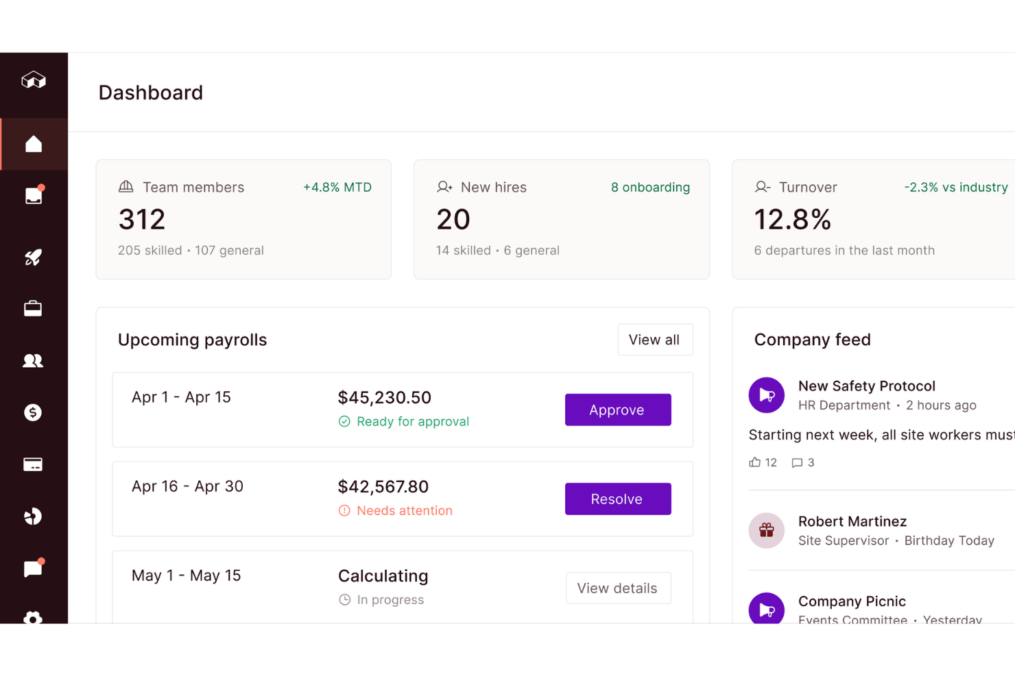 Dashboard delle risorse umane che mostra i membri del team, i calendari delle paghe e il feed aziendale.