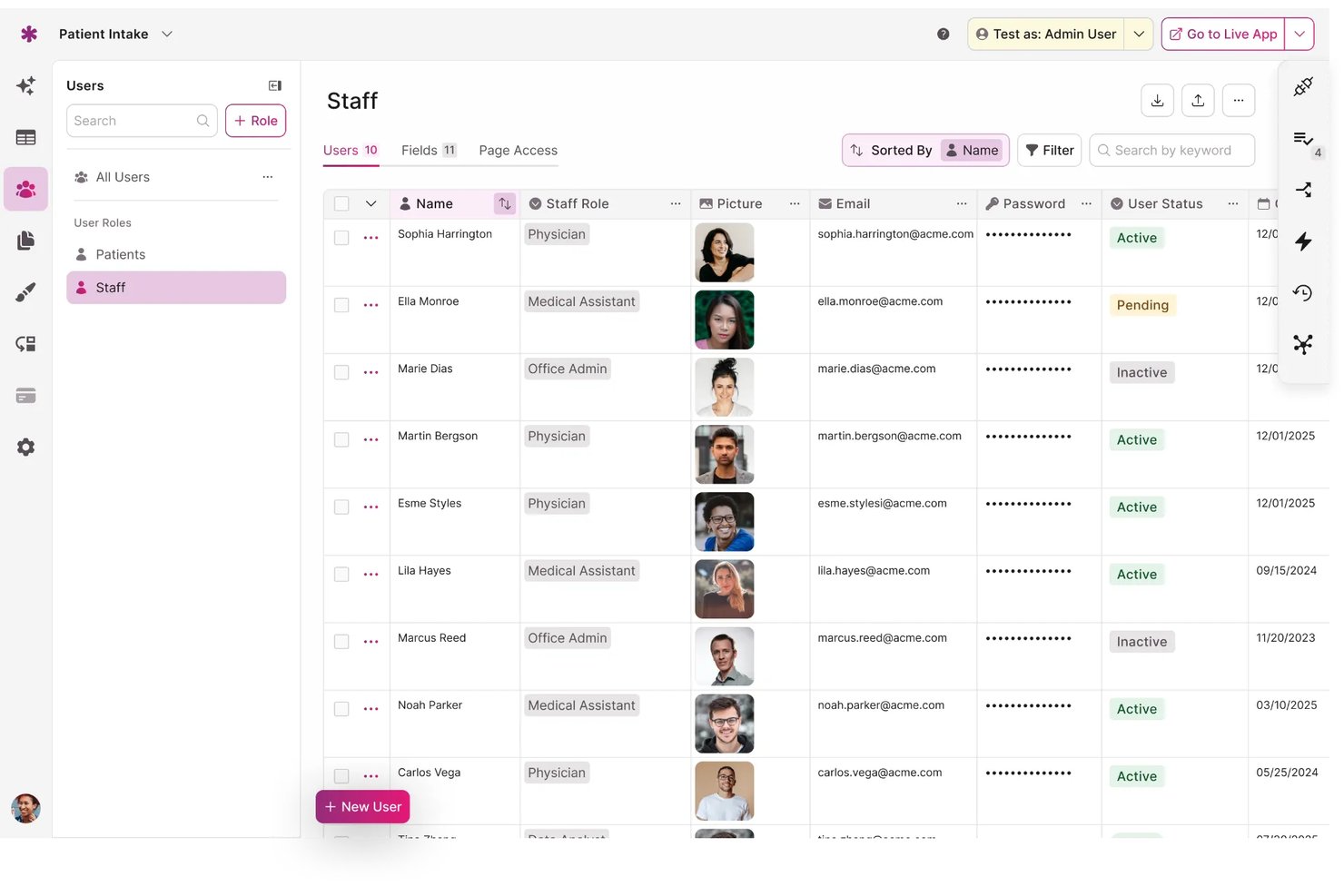 Knack staff user management table showing roles, photos, email, and status.