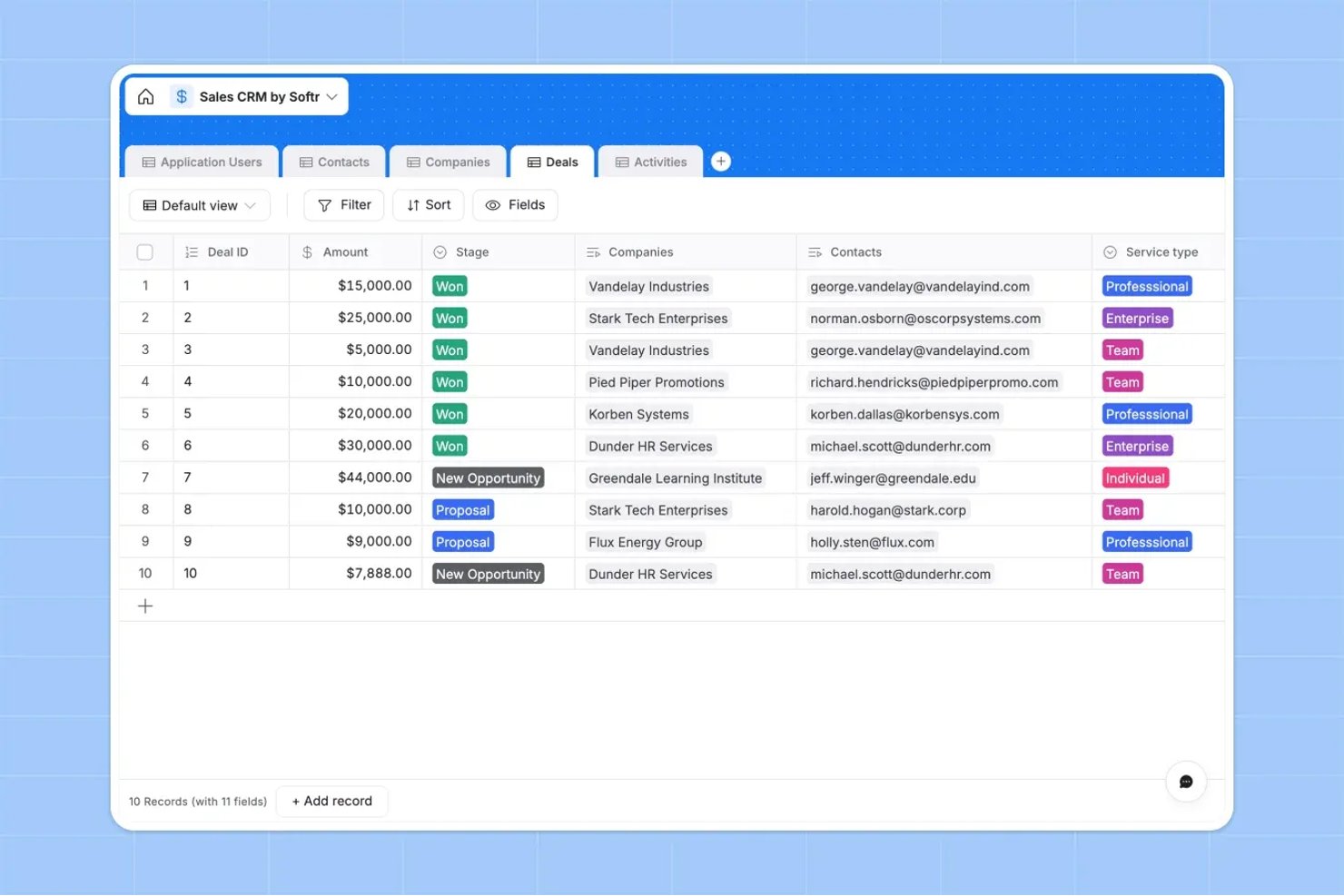 Softr Sales CRM deals table showing stages, amounts, companies, and contacts.