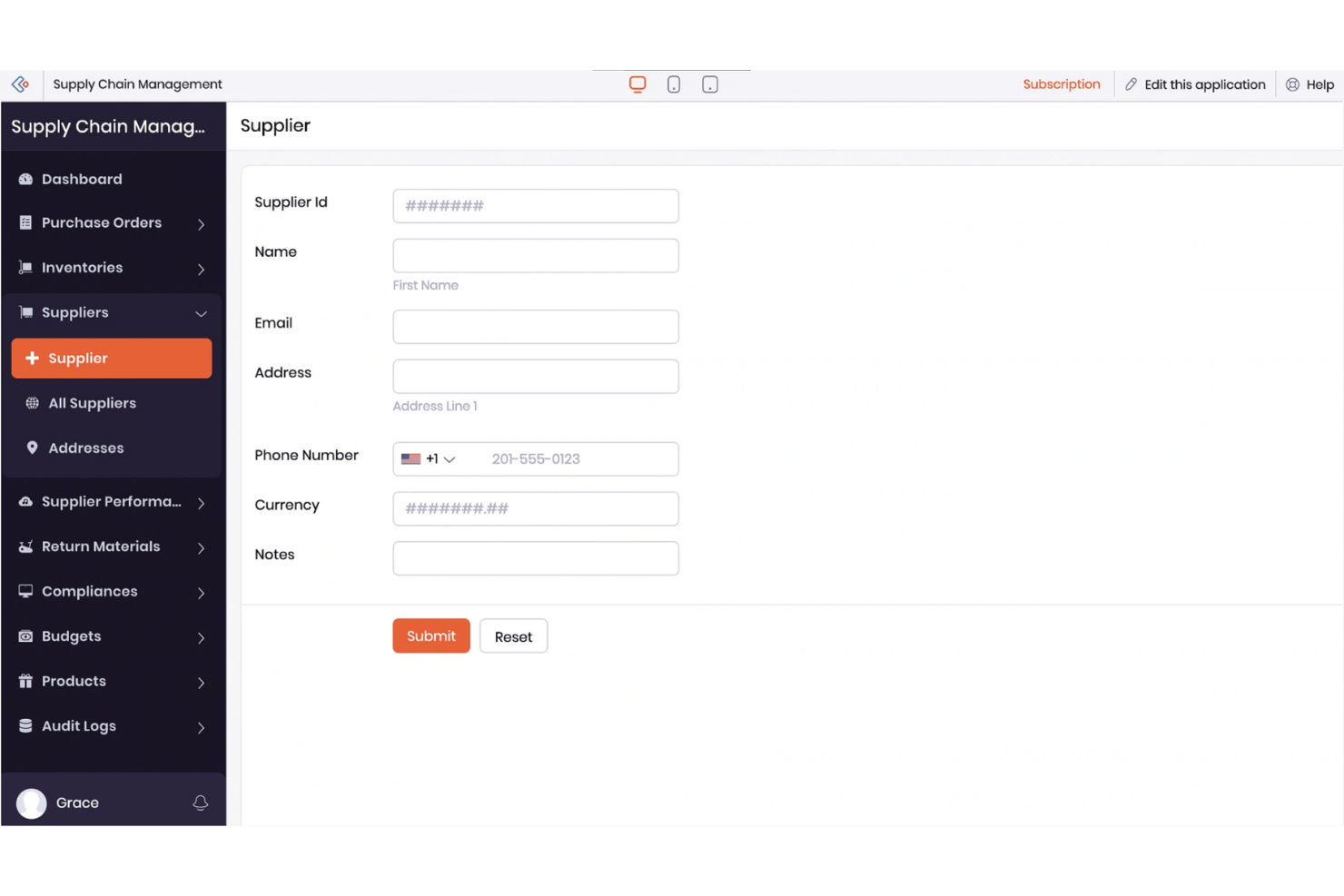 Formulaire fournisseur avec des champs pour l’identifiant, le nom, l’adresse e-mail, l’adresse, le téléphone, la devise et les notes.