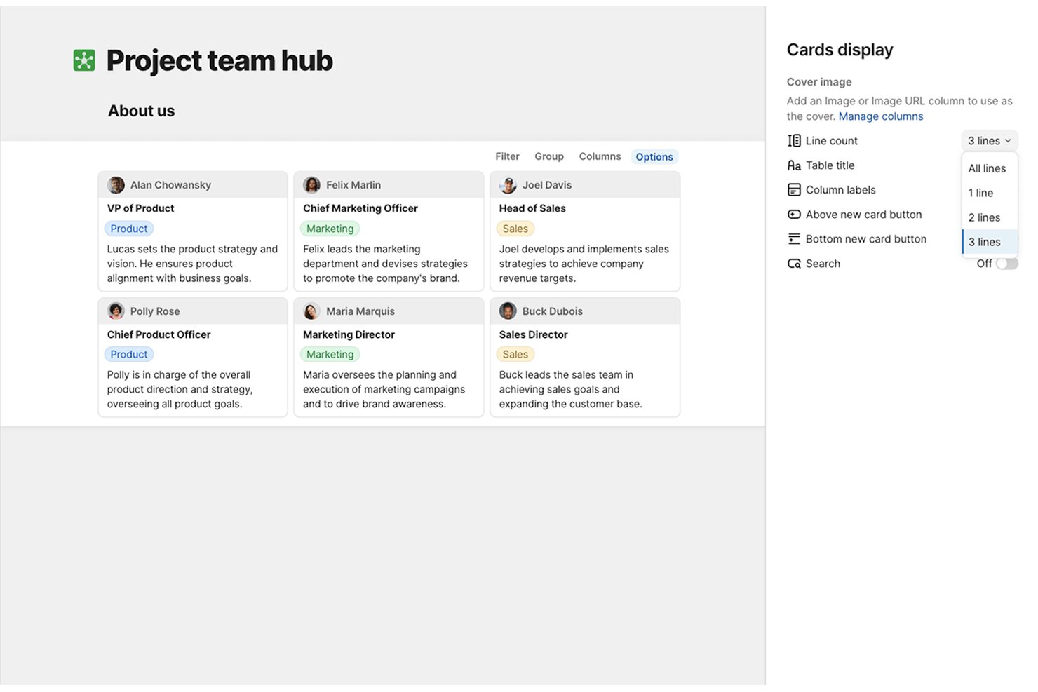 Coda project team hub gallery view with cards display line count dropdown open.