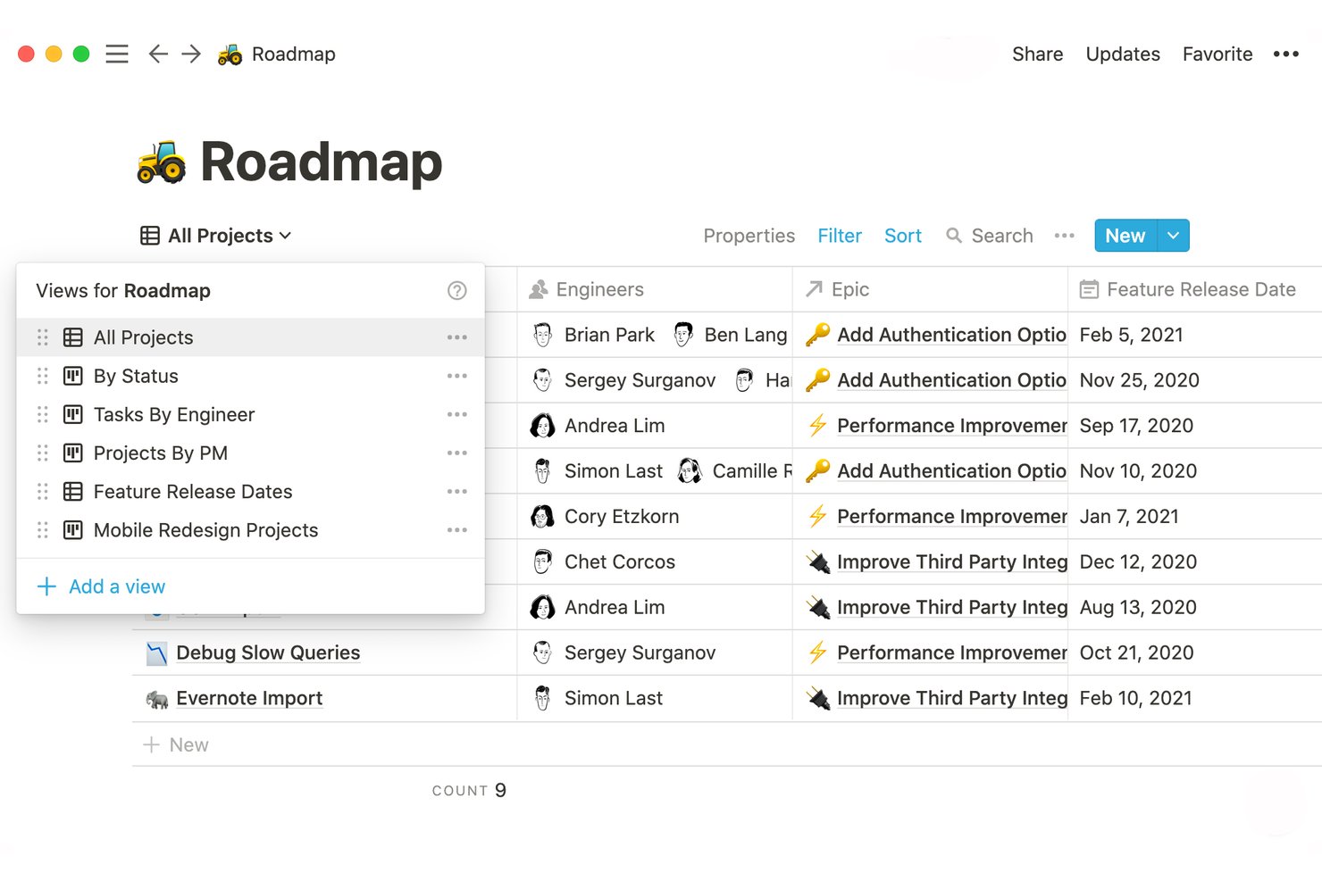 Notion Roadmap database showing multiple views menu and project table with engineer assignments.