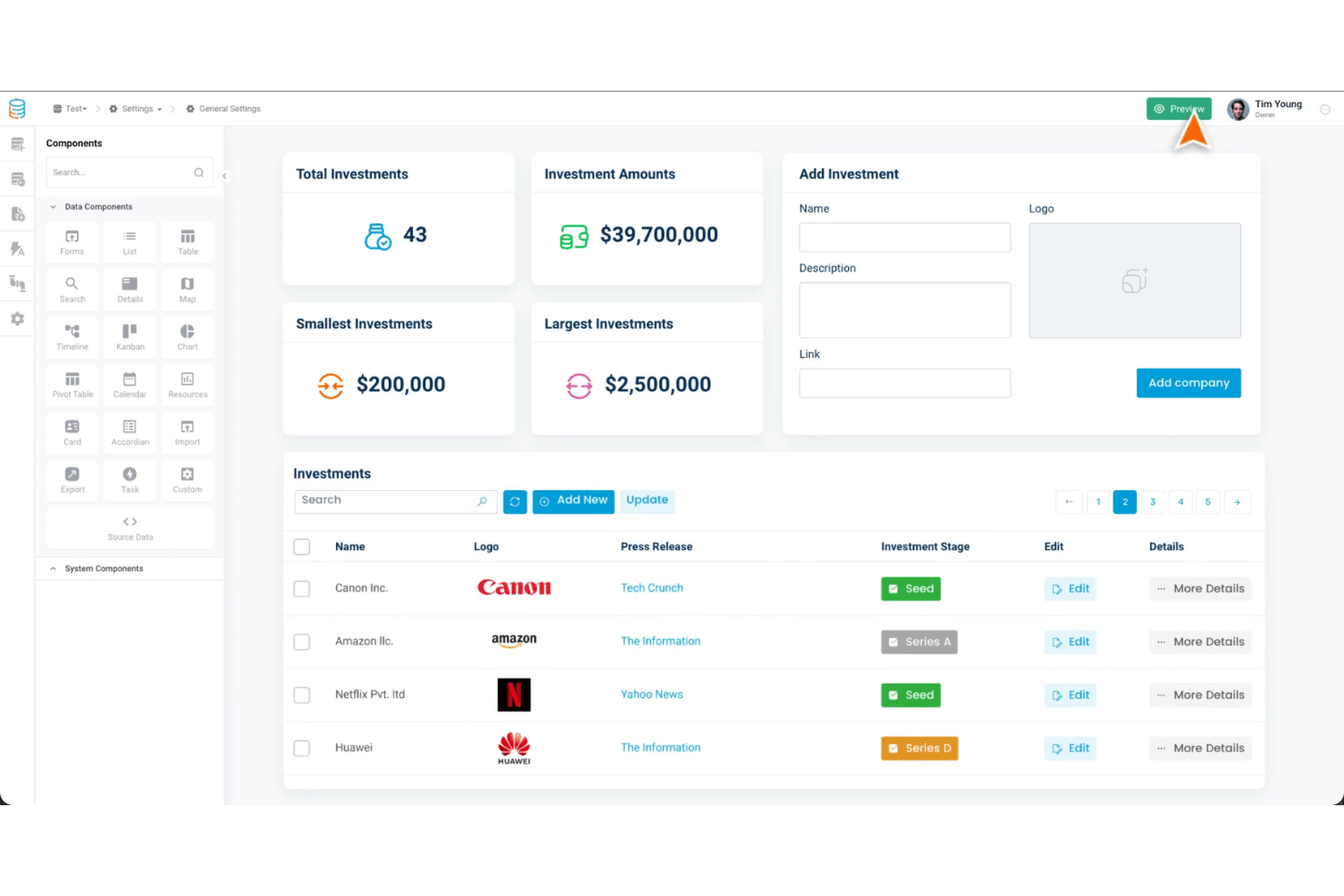 Tableau de bord d’application Tadabase affichant des données d’investissement, un tableau et un formulaire d’ajout d’entreprise.