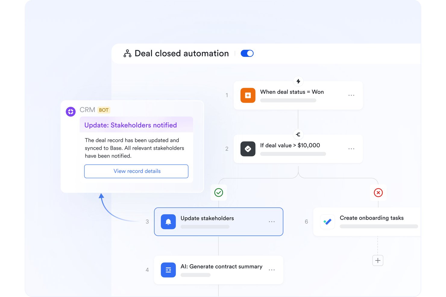 Lark Base deal closed automation workflow with conditional steps and CRM bot notification.