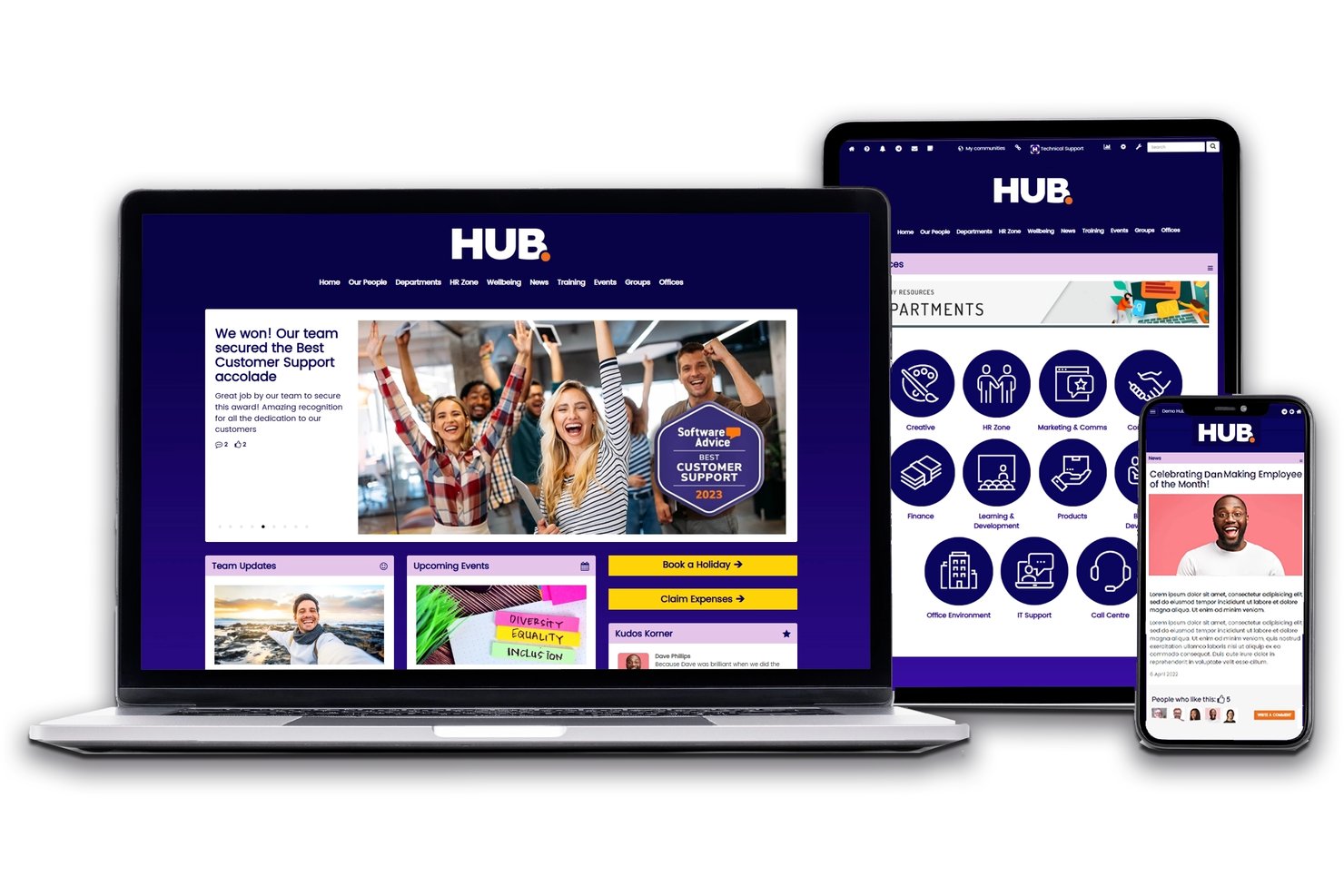 Le logiciel intranet Hub affiché sur un ordinateur portable, une tablette et un mobile, avec les actualités et les icônes des services.